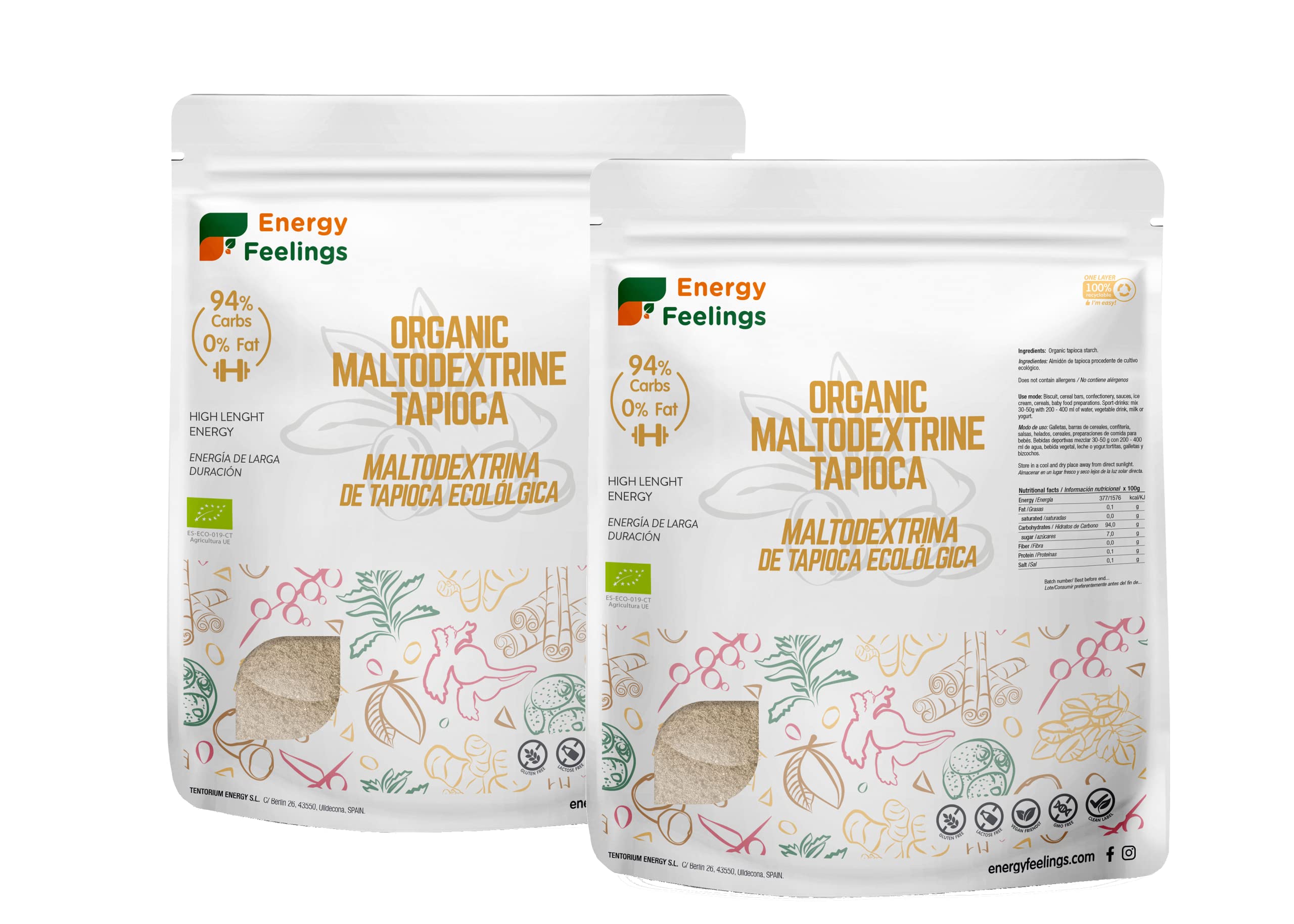 Energy Feelings Maltodextrina en Polvo de Tapioca Ecológica 500g, Energizante Deportivo para el Cansancio, Maltodextrina para cocinar, Obtenida desde Almidón de Tapioca