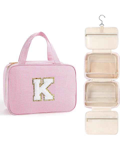 TOPEAST Christmas Gifts for Women Stocking Stuffers - Travel Hanging Toiletry Bag, Personalized Initial Toiletry Pouch, Birthday Gifts for Women Mom Daughter Sister Friends, Cruise Essentials, Pink K