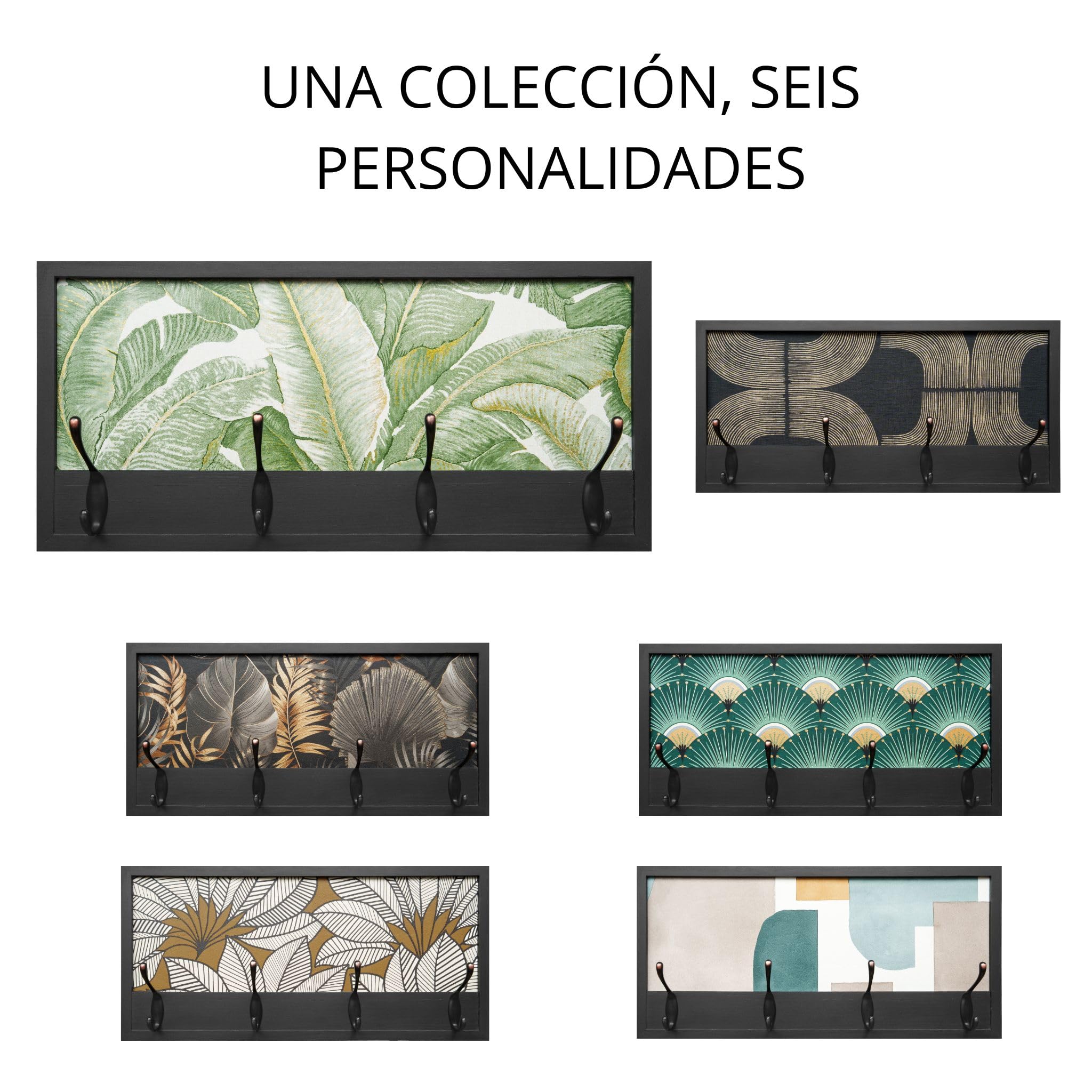Perchero de Pared de Madera | 52×25 cm | Hecho en España | 4 Ganchos Dobles (8 Colgadores) para Ropa y Abrigos | Diseño Decorativo Funcional | Colgador Entrada, Salón, Oficina (Nature/Boho Negro)