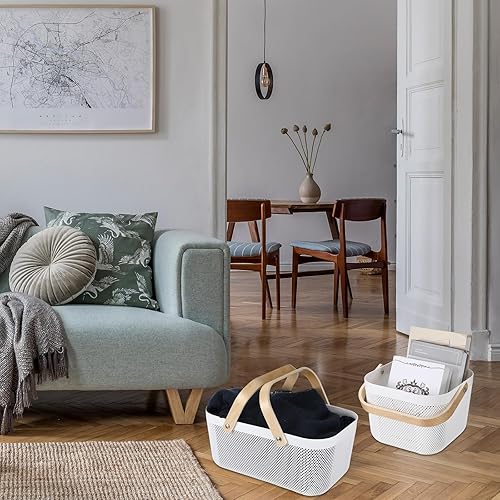 Miniatura 5 de 4 cestas de malla de plástico para cosecha de jardín, cesta de malla de almacenamiento con mango de madera, cesta de malla multifuncional para