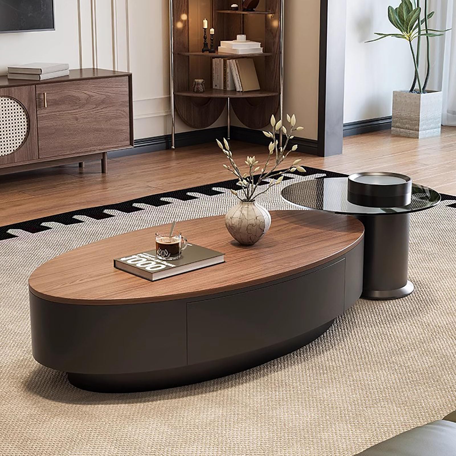 SXZenSpace Oval Nesting Coffee Table,Faux Marble Round End Table Modern 47" Living Room Center with Storage Drawer,D,120x60x33cm(47x24x13inch)