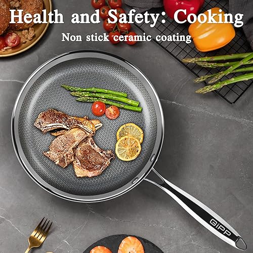 Miniatura 9 de GiPP Sartén de acero inoxidable de tres capas, sartenes híbridas de 12 pulgadas, antiadherentes, aptas para lavavajillas y horno, listas para