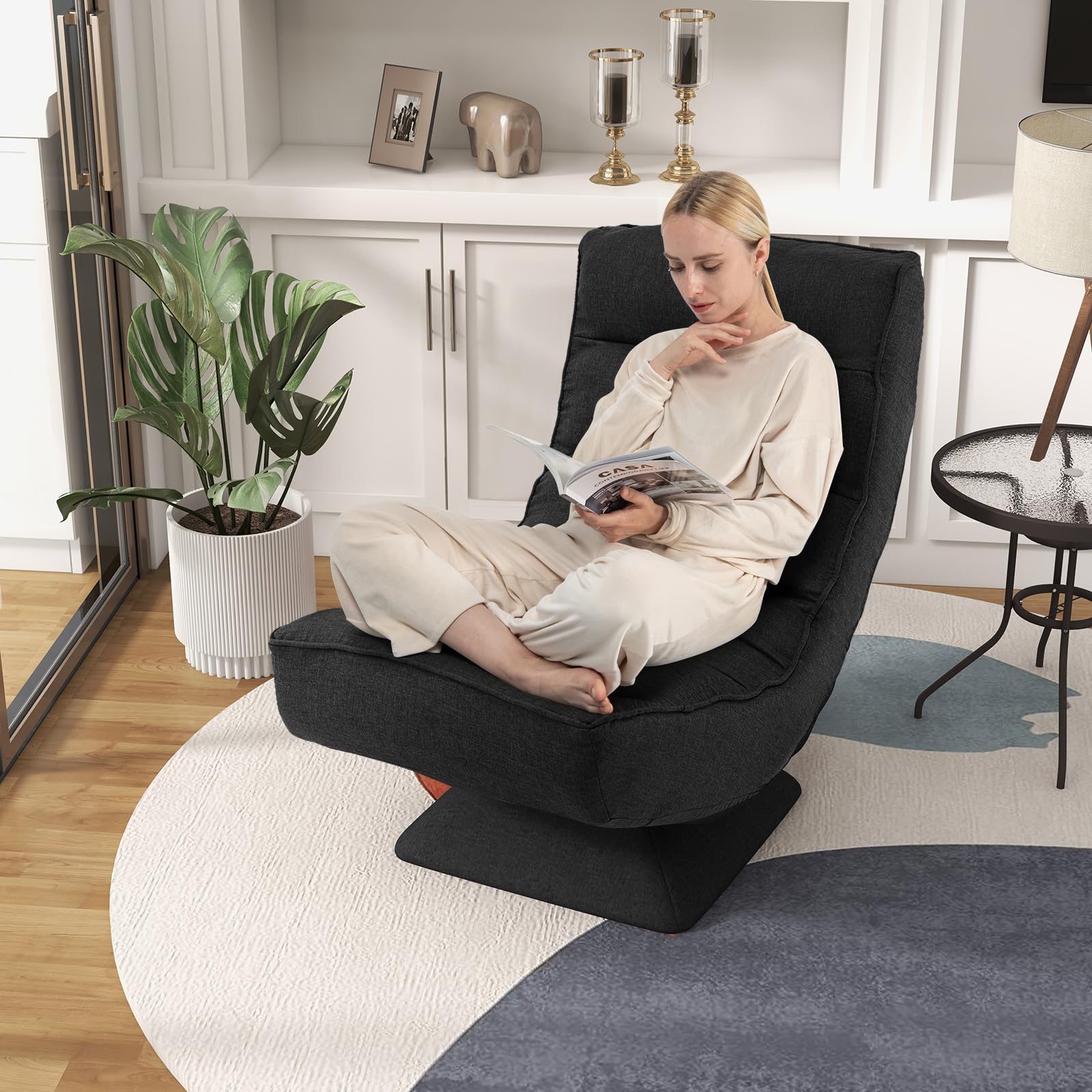 GOPLUS Silla de Suelo giratoria Plegable con Respaldo Ajustable de 5 Posiciones y cojín, sofá reclinable meditación Carga 110 kg, salón y Dormitorio， 63 x 71 x 92,5 cm (Negro)