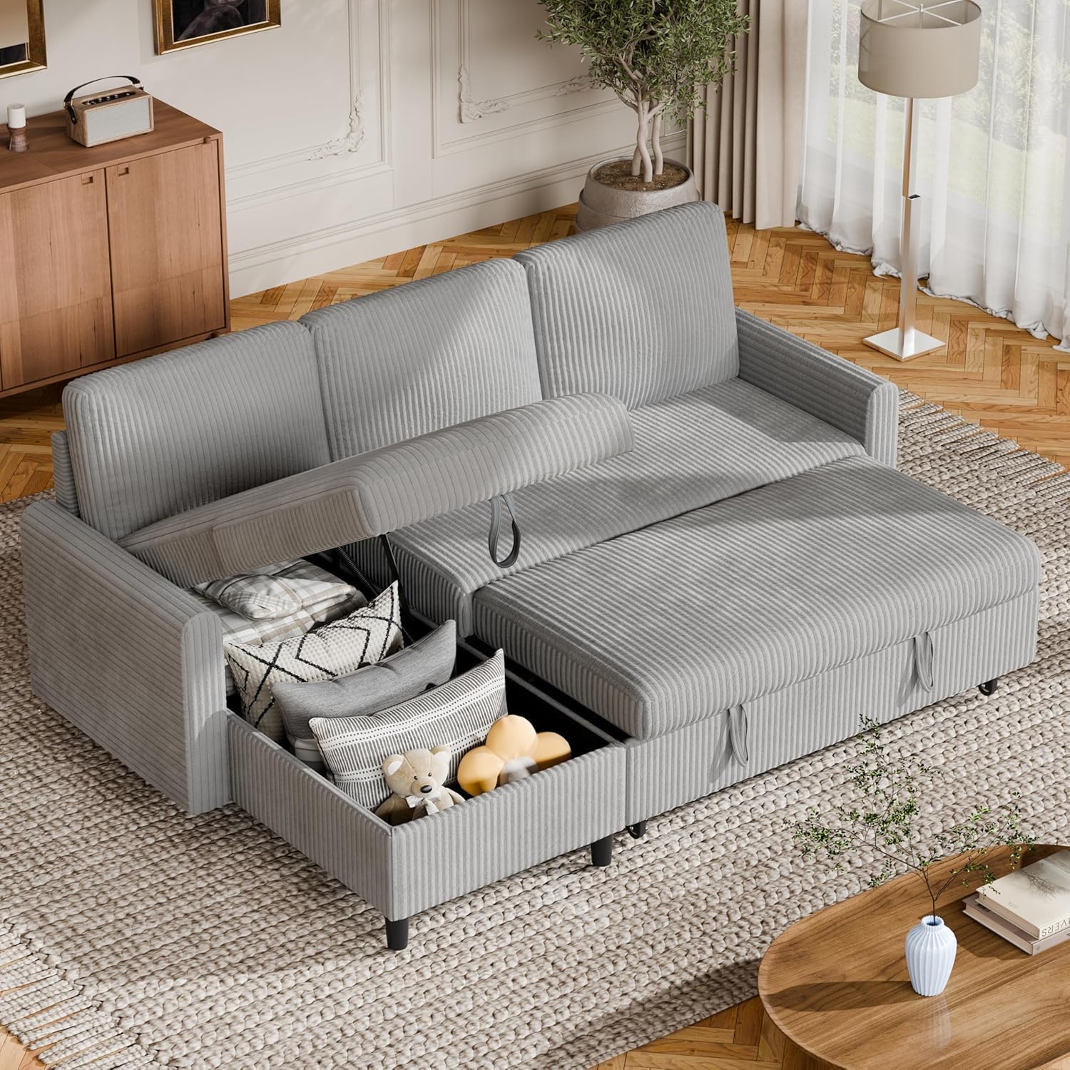 Shintenchi Futon Sofa Bed Convertible Couches L Shaped, 4‑in‑1 Sectional Sleeper Sofa Pull Out Couches for Living Room, Multifunctional Couch with Storage Chaise Corduroy Fabric, Light Gray