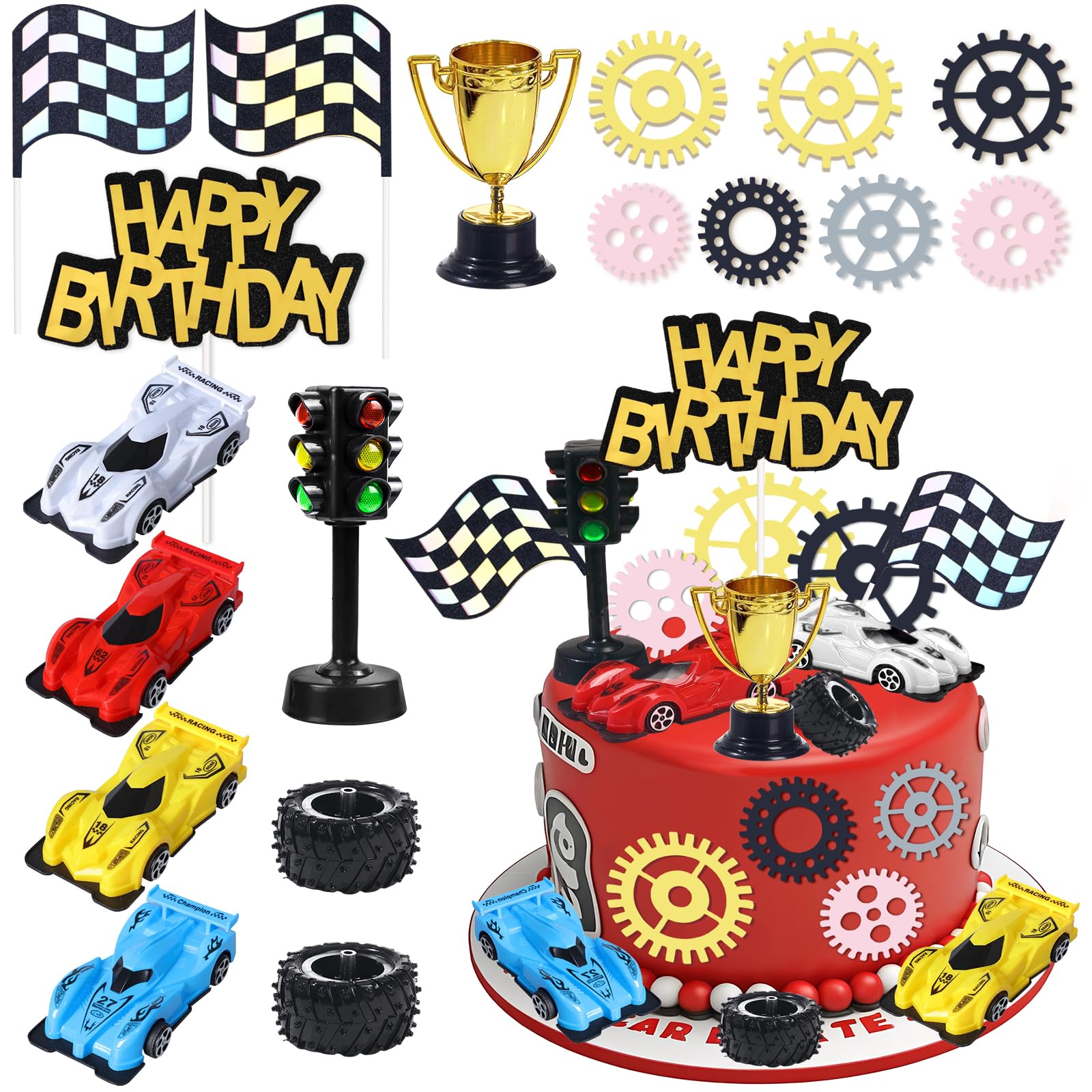 Race Car Happy Birthday Cake Topper Set - Racing Themed Party Decorations