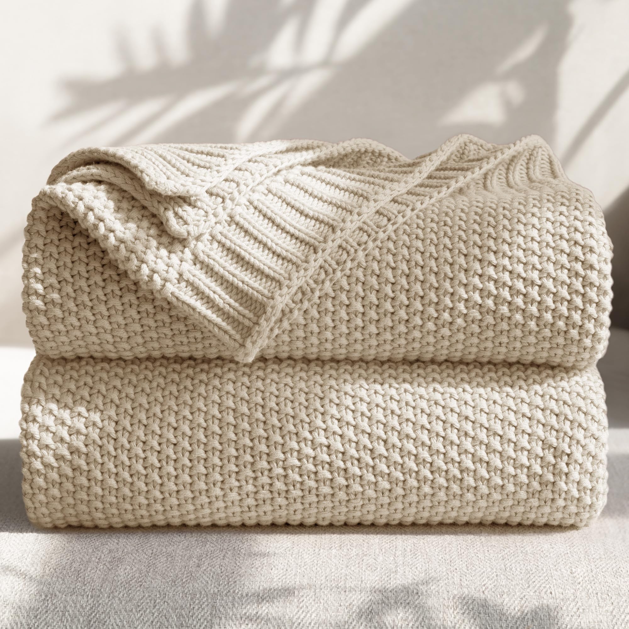 Photo 1 of blunique 100% Cotton Cable Knit Throw Blanket, 50" x 60", Linen