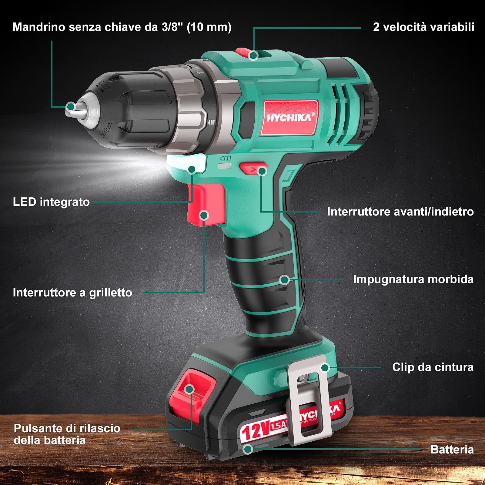 Trapano Avvitatore Batteria 12V, HYCHIKA 104pcs Avvitatore a Batteria Cassetta Attrezzi fai da te, 1,5Ah Avvitatore Elettrico, 2 Velocità 30N.m Mas, Carica rapida 1 ora, kit Attrezzi Completa
