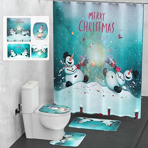 Juego de 4 cortinas de ducha de Navidad para baño, 4 piezas, cortina de ducha impermeable con alfombras antideslizantes, cubierta para tapa de