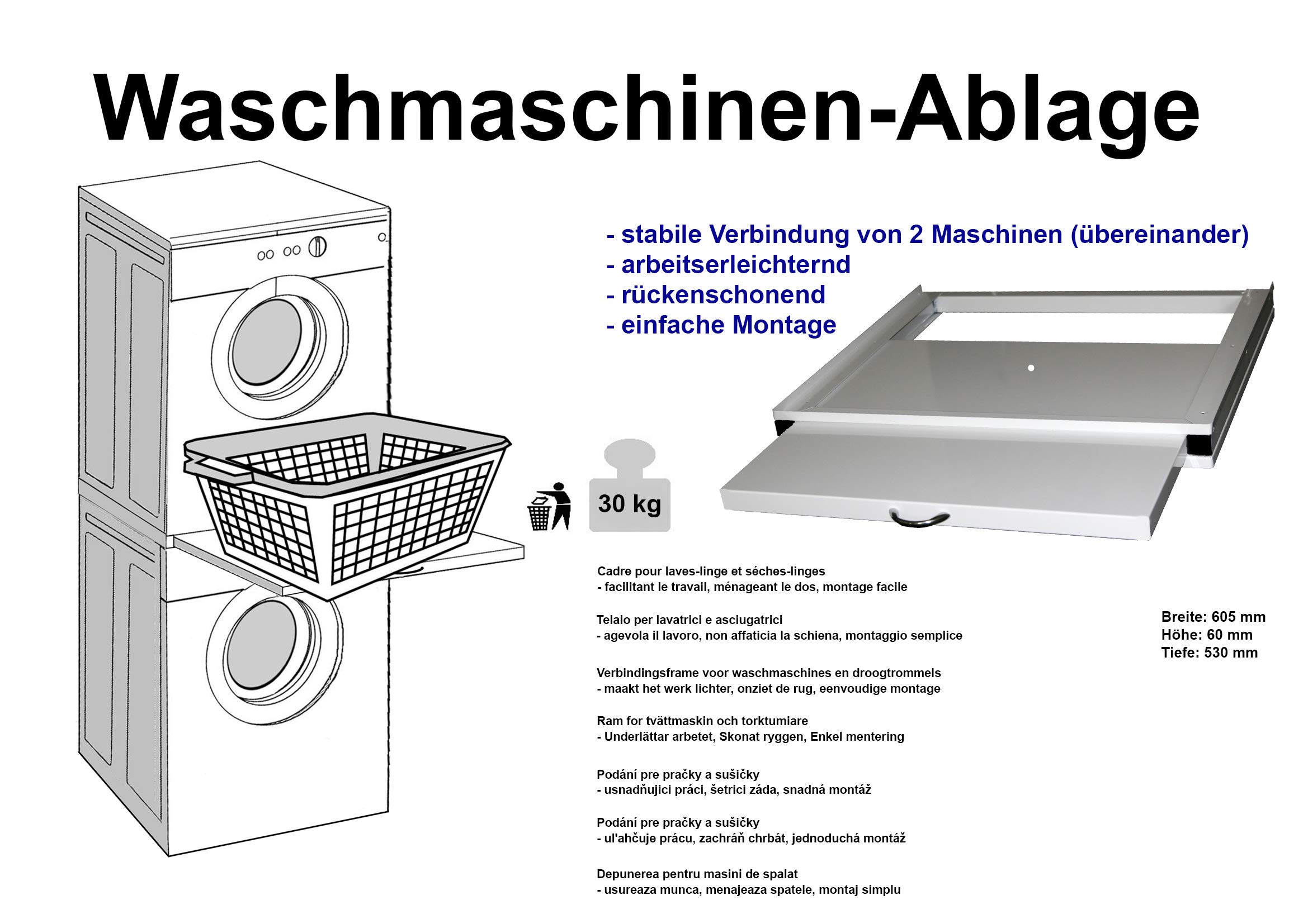 Waschmaschinen-Verbindungsrahmen mit Ablage, BxTxH: 60,5x50x6cm weiß, Marke: Szagato, Made in Germany (Aufbaurahmen Zwischenbaurahmen Verbindungssatz Universal)