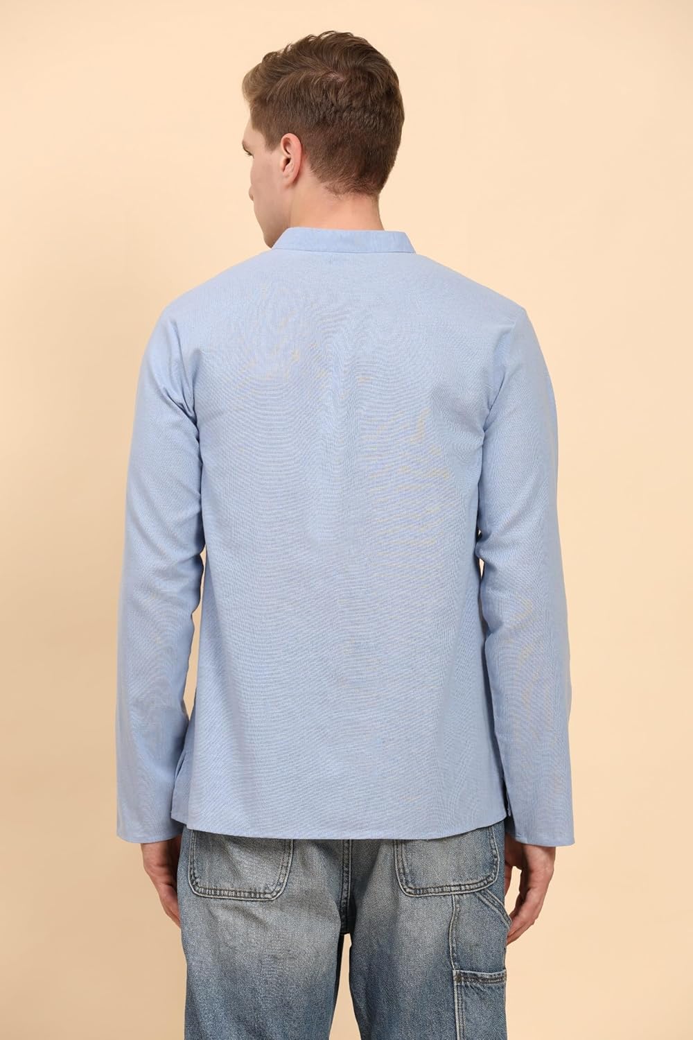 SKAVIJ Men's Cotton Linen Solid Kurta Long Sleeves Straight Regular Casual Shirt