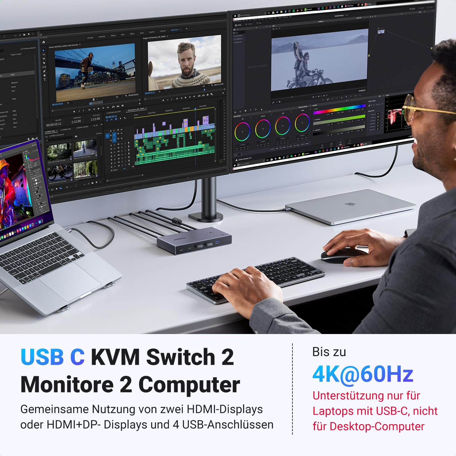 UGREEN USB-C KVM Switch 2 PC 2 Monitore 4K@60Hz, USB C Switch 2 Inputs 2 Outputs mit 4 USB 3.0 Ports, 2 Laptops teilen sich zwei Monitore Tastatur, Maus, Festplatte, Drucker mit PD100W Netzteil