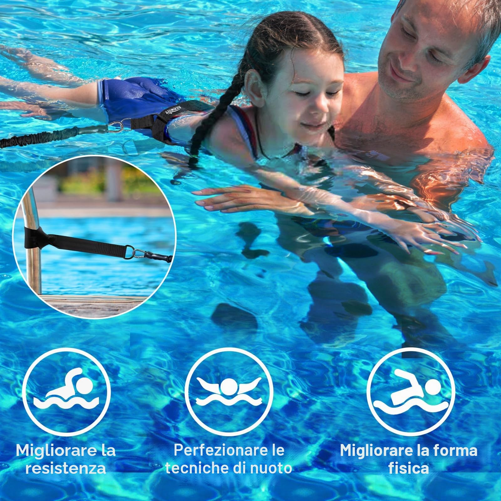 Cintura di nuoto per piscine | 2,5-7,5M Cintura di resistenza regolabile | Adatta per adulti e bambini | Accessorio di nuoto per tutte le piscine