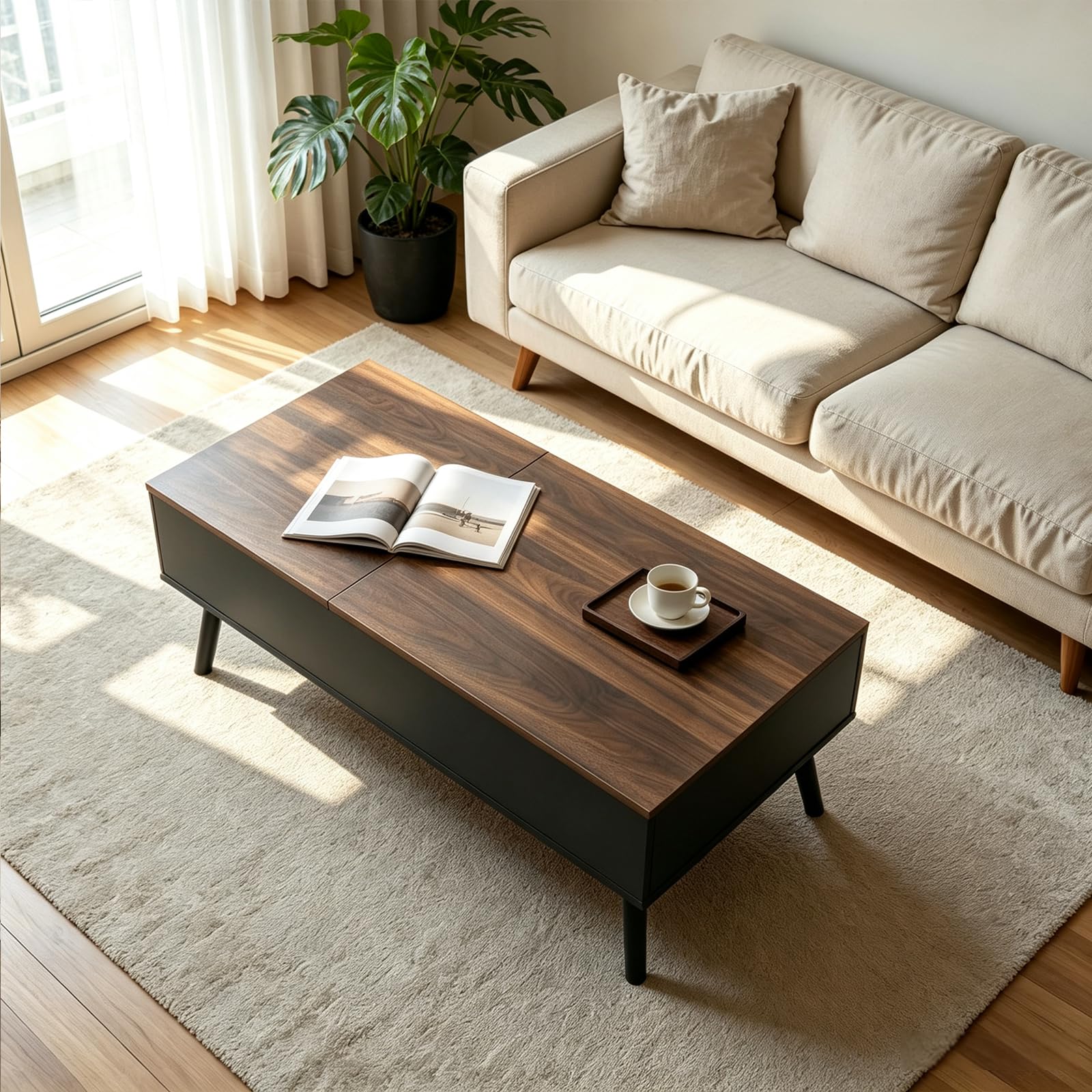 Couchtisch Höhenverstellbar mit Schiebeplatte, Couchtisch mit Stauraum, Modern Wohnzimmertisch mit 2 Großen Versteckten Ablagefächern, 100 x 50 x 43.5 cm (Braun)