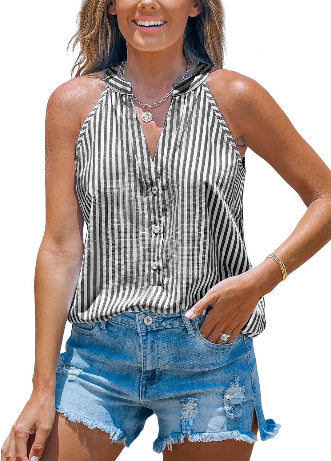 CUPSHE Women Tops Sleeveless Striped V Neck Tank Top Button Front Tee Shirt Casual