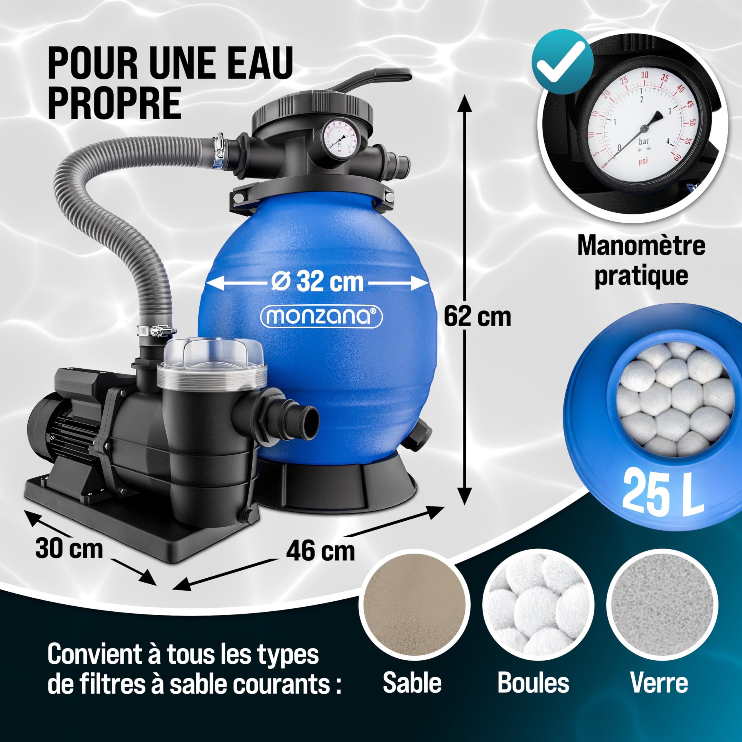 MONZANA® Pompe filtre à sable 9,6 m³ auto-amorçante pour piscines jusqu'à 30 m³ préfiltre vanne 7 voies raccord 2en1 Ø32-38mm système de filtration à sable