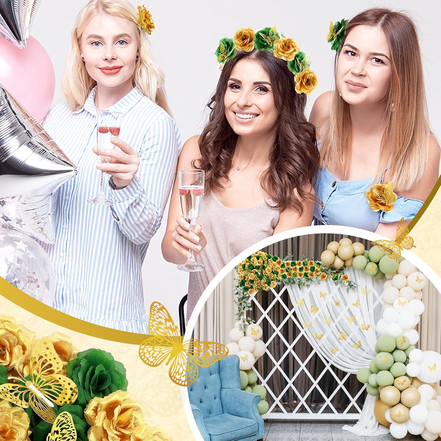 296 Pcs Faux Roses with Stem and 3D Butterfly Decorations Artificial Flowers Bulk Stemless Fake Silk Roses for Wedding Party Baby Shower DIY Home Decor(Green, Gold)