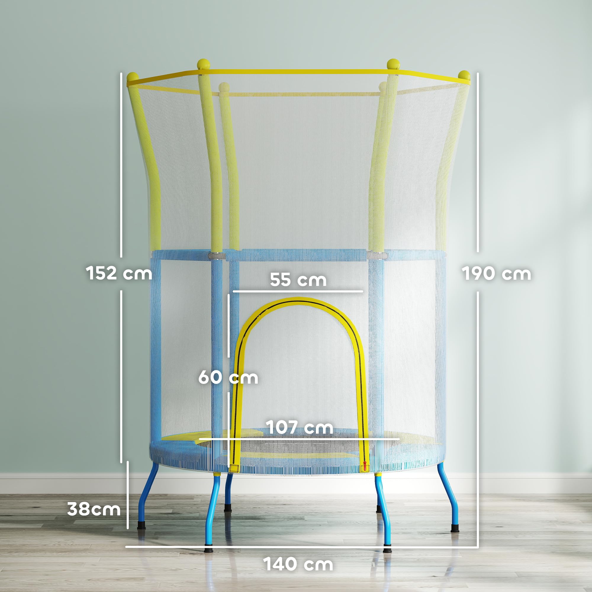 AIYAPLAY Cama Elástica Infantil Ø140x190 cm Trampolín para Niños de 3-6 Años con Red de Seguridad Barras Acolchadas Carga 45 kg para Interior Multicolor