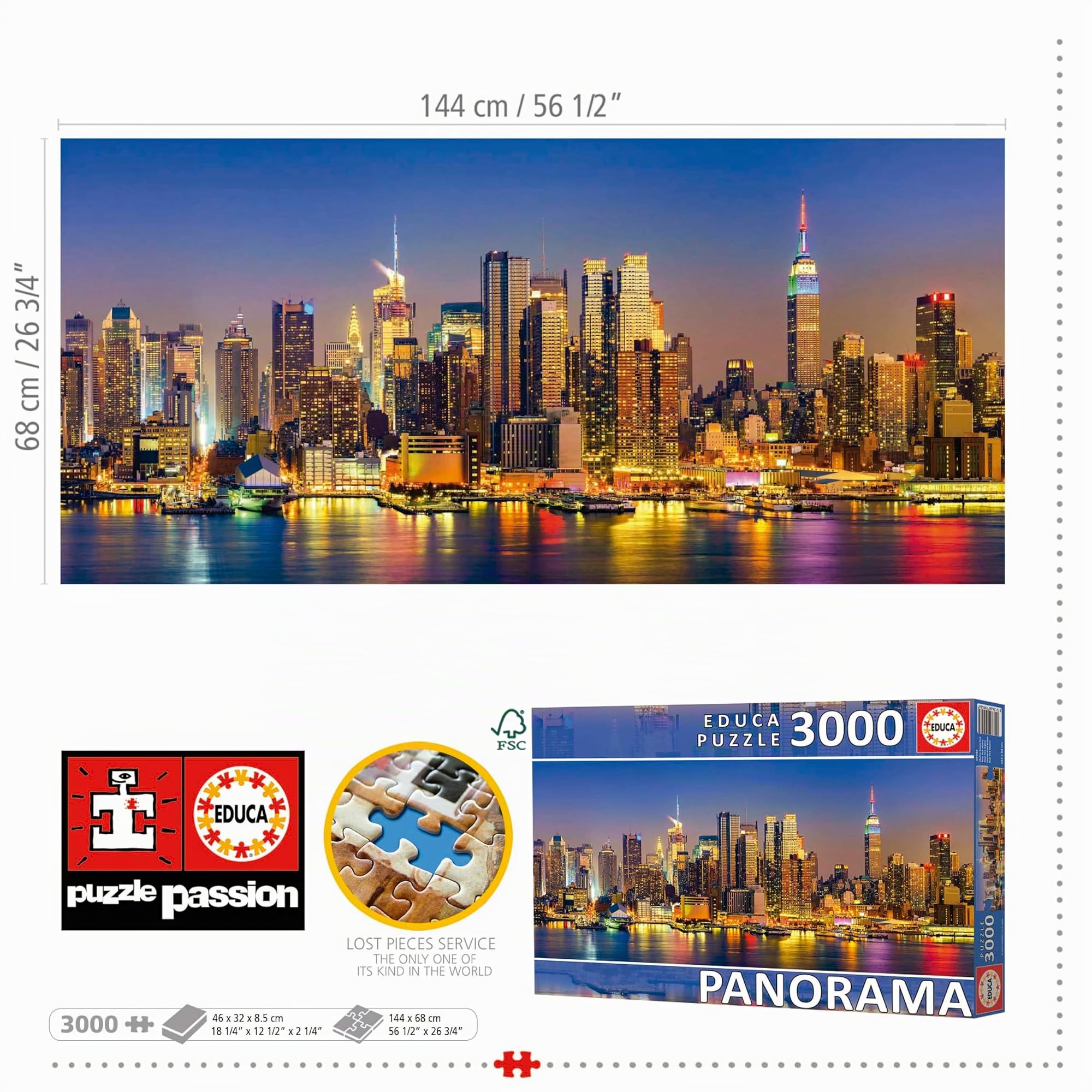 Educa - Puzzle di 3000 pezzi per adulti in formato panoramico | Skyline di New York. Misura: 144 x 68 cm. Include un servizio perduto per lo stock. Da 14 anni (19948)