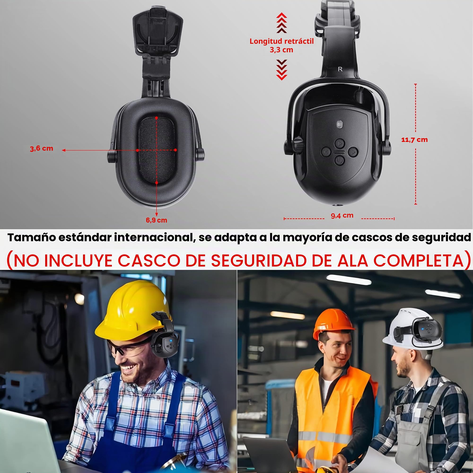 Kalence NRR - Orejeras con Bluetooth para casco duro, 28 dB, ajustable, protección auditiva Bluetooth, orejeras de seguridad de 50 horas de reproducción, auriculares de trabajo para cortar el césped,