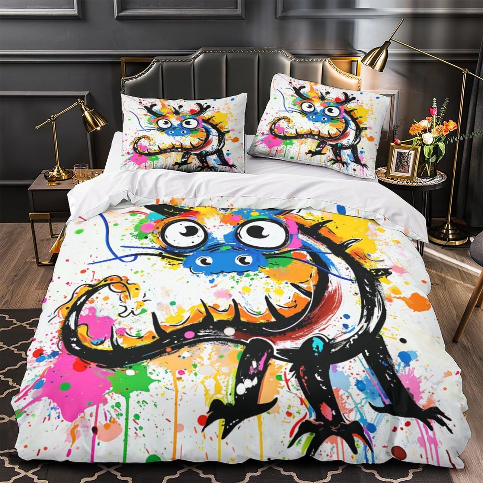 Stampato in 3D Loong cinese Copertina Stampata Microfibra Disegnata Set Di Biancheria Da Letto Con Chiusura A Cerniera Con 2 Federe,Double（200x200cm）, Per Adolescenti E Adulti