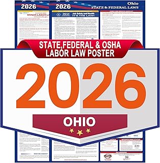Ohio Labor Law Poster Set 2026 - State, Federal and OSHA Compliant Laminated Post - All in One Required Compliance Posting 17" x 40" English Version 2PCS - Ideal for Posting in The Workplace