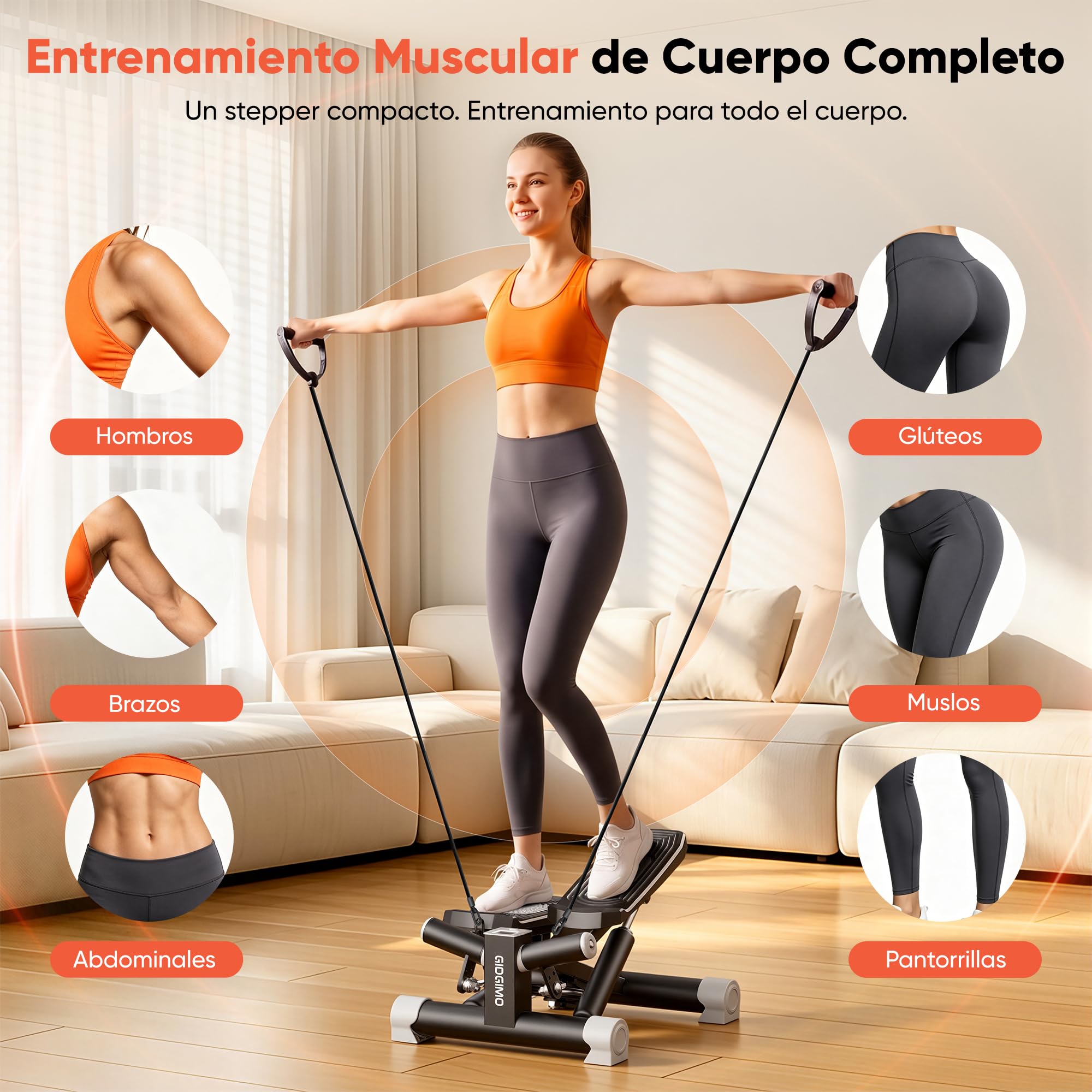 GIDGIMO Twist Stepper con Bandas de Resistencia, Mini Stepper Hidráulico para Casa, Entrenamiento de Cuerpo Completo para Piernas, Glúteos, Abdomen y Brazos, Máquina de Fitness Compacta y Silenciosa