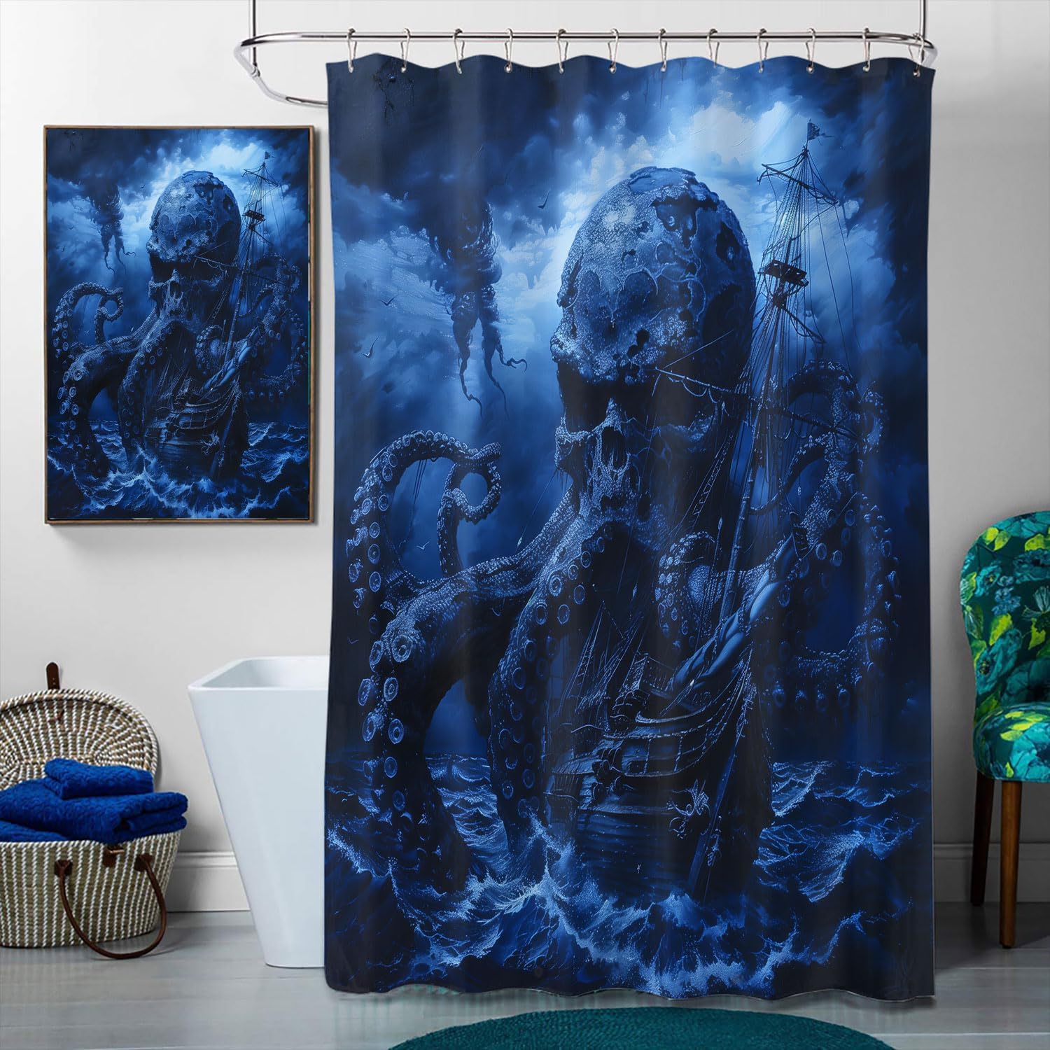 4 Pcs Nautical Shower Curtain Set with Rugs,Toilet Lid Cover, Bath Mat Octopus Ship Sail Boat Dark Fantasy Skull Bathroom Decor Sets Accessories with 12 Hooks