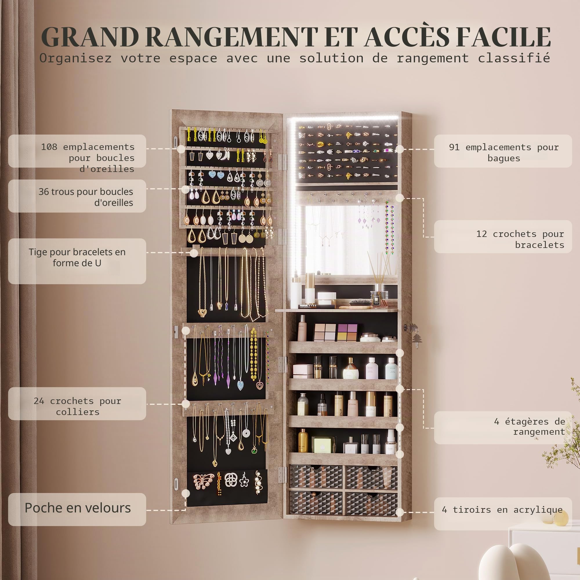 Vlsrka LED Armoire à bijoux avec Miroir, Mural/Porte Armoire à bijoux avec 3 Lumières, Miroir pleine longueur avec bijoux rangement Verrouillable, Armoire bijoux miroir éclairé avec étagères, Bois