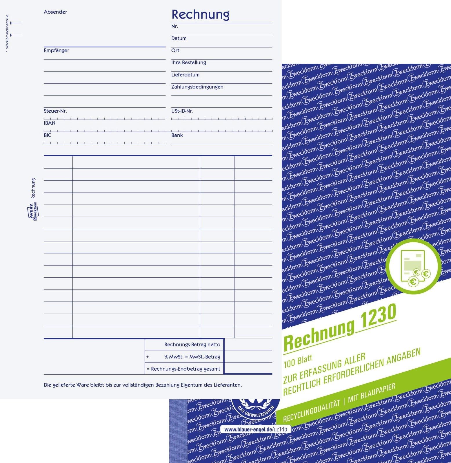 Avery Zweckform Punched 1230 Rechnung, DIN A5, 100 Blatt, weiß