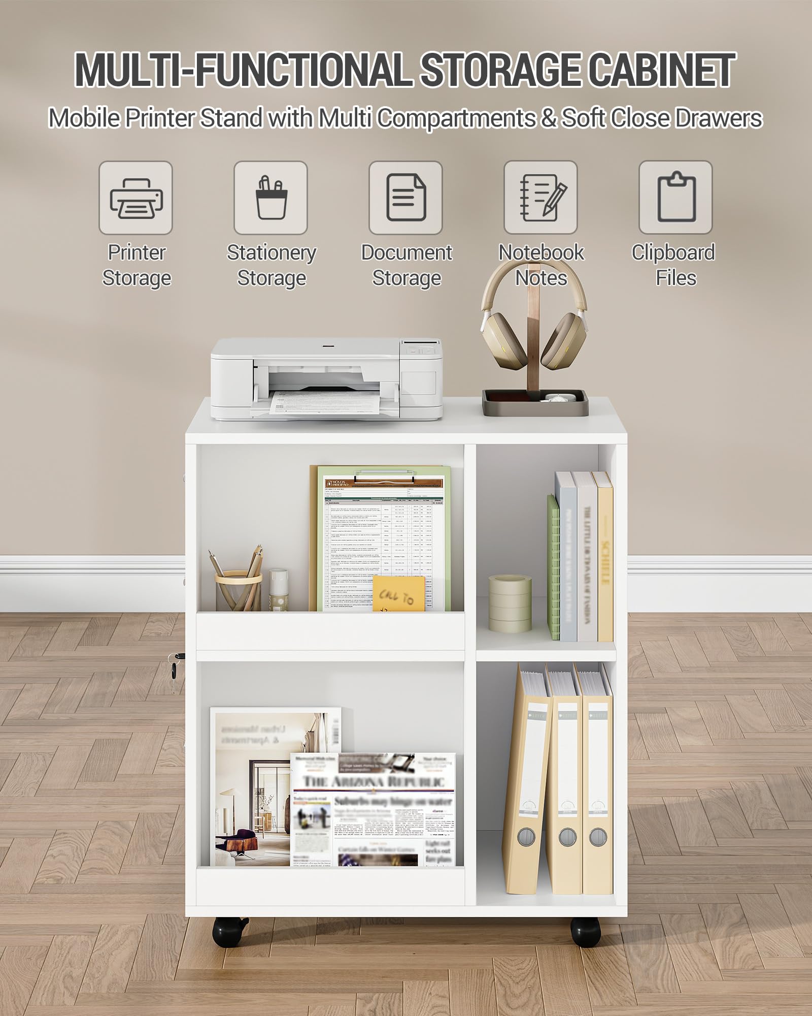 Hzuaneri Caisson Bureau 60 x 40 x 70cm 3 tiroirs Porte-revues Blanc