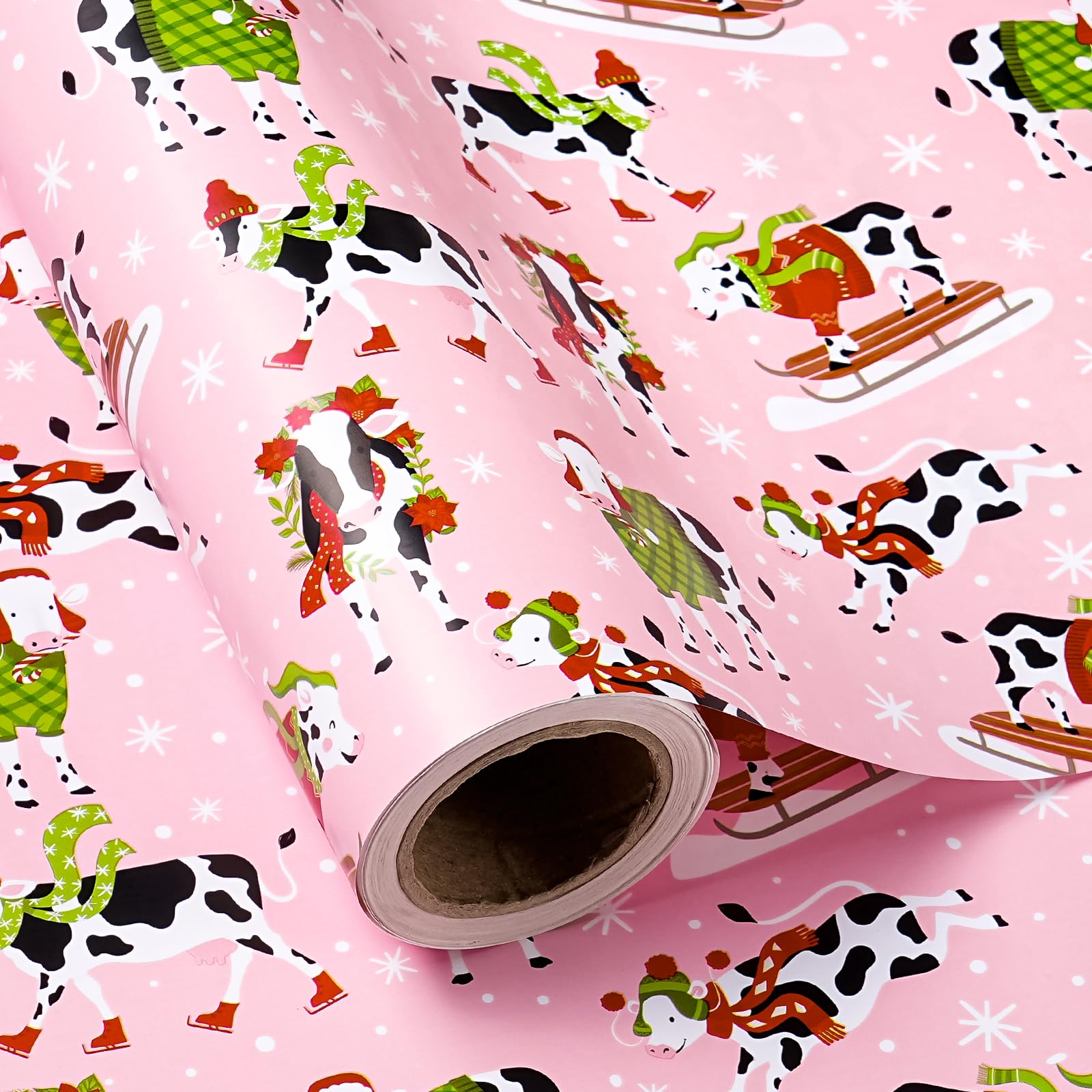 RUSPEPA Cow Christmas Wrapping Paper - Mini Roll - 43.2cm x 5m - Pink Winter Christmas Cow Wrapping Paper for Xmas, Party Celebration โ image 1
