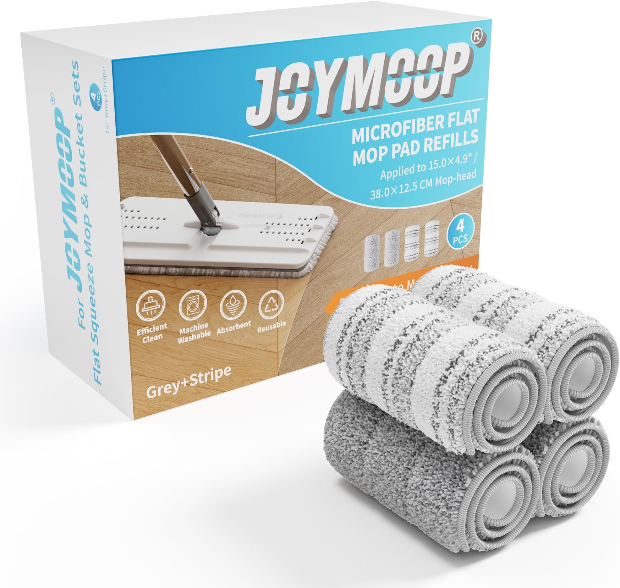 Large Flat Mop Pad, Microfiber Mop pad, Washable Pads, Mop Replacement Pads, 15" Long Refill 4 Pack - Grey and Stripe