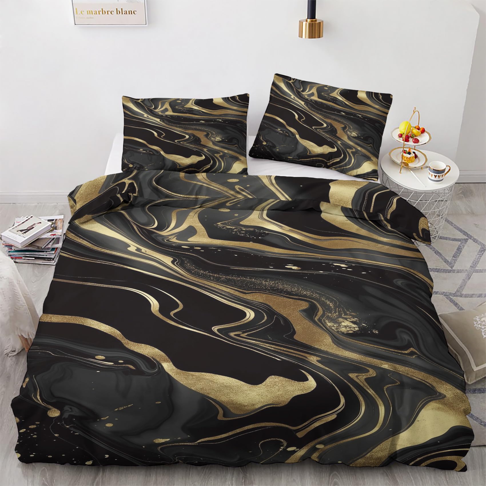 NOGAWA Black Gold Marble Bedding Sets King Size - Abstract Swirl Duvet Cover King Size, Reversible Quilt Cover & 2 Pillowcases with Zip and Ties, Ultra Soft and Breathable Brushed Microfibre Bed Set