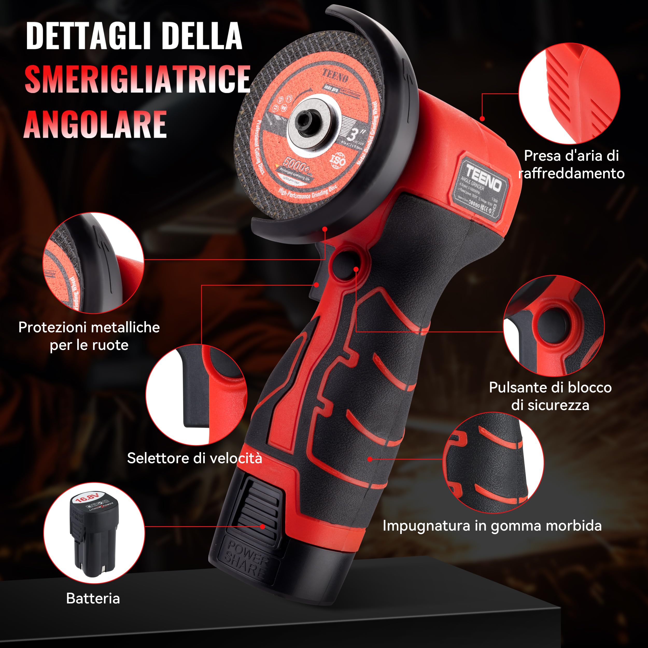 Smerigliatrice Angolare TEENO 19.500 RPM - Smerigliatrice Senza Filo 76mm, Kit Completo con 2 Batterie 2000mAh e 6 Dischi - Per Smerigliatura, Lucidatura, Taglio Professionale