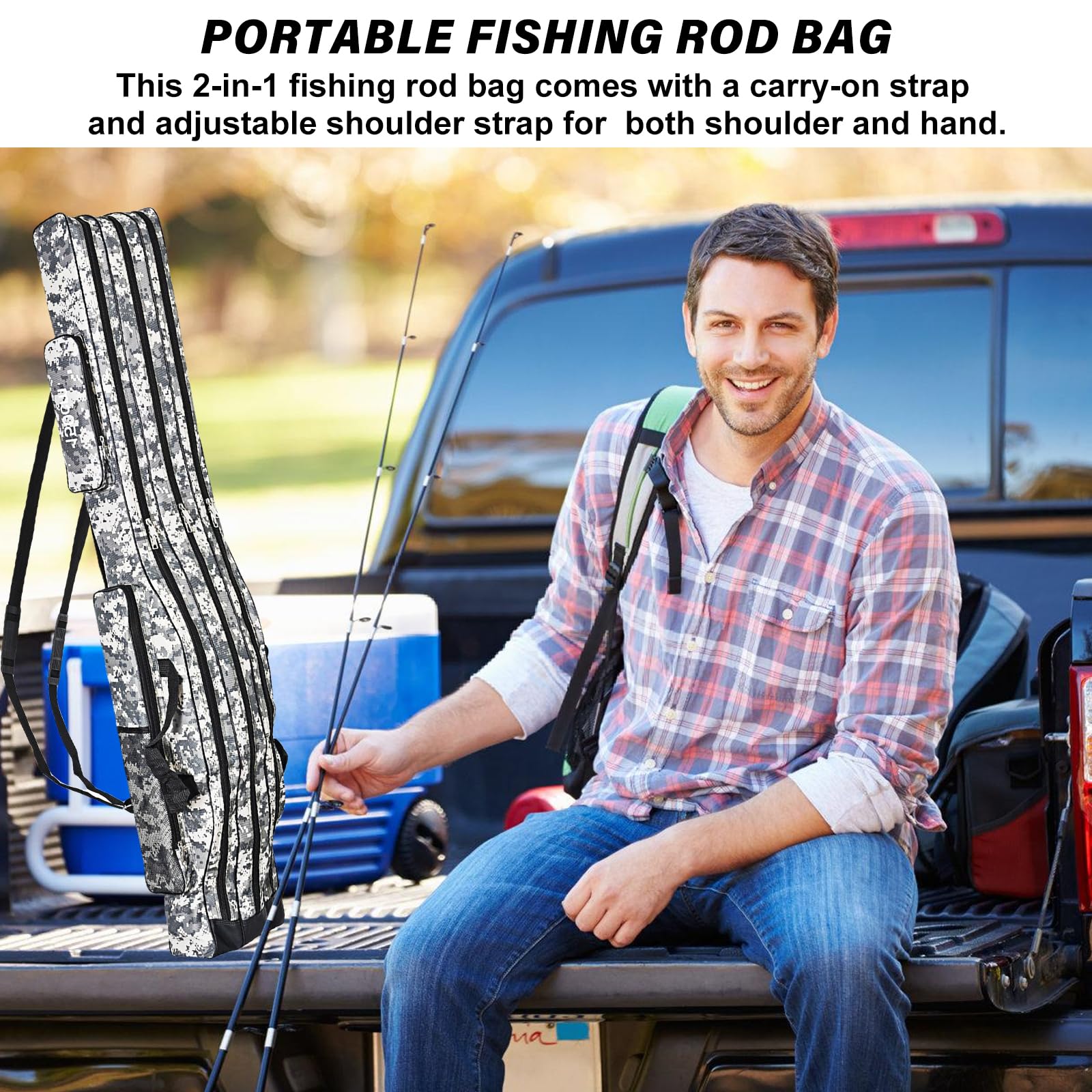 Sac de pêche 3 couches 150cm, Housse canne à pêche pliable camouflage, Accessoires pêche portable
