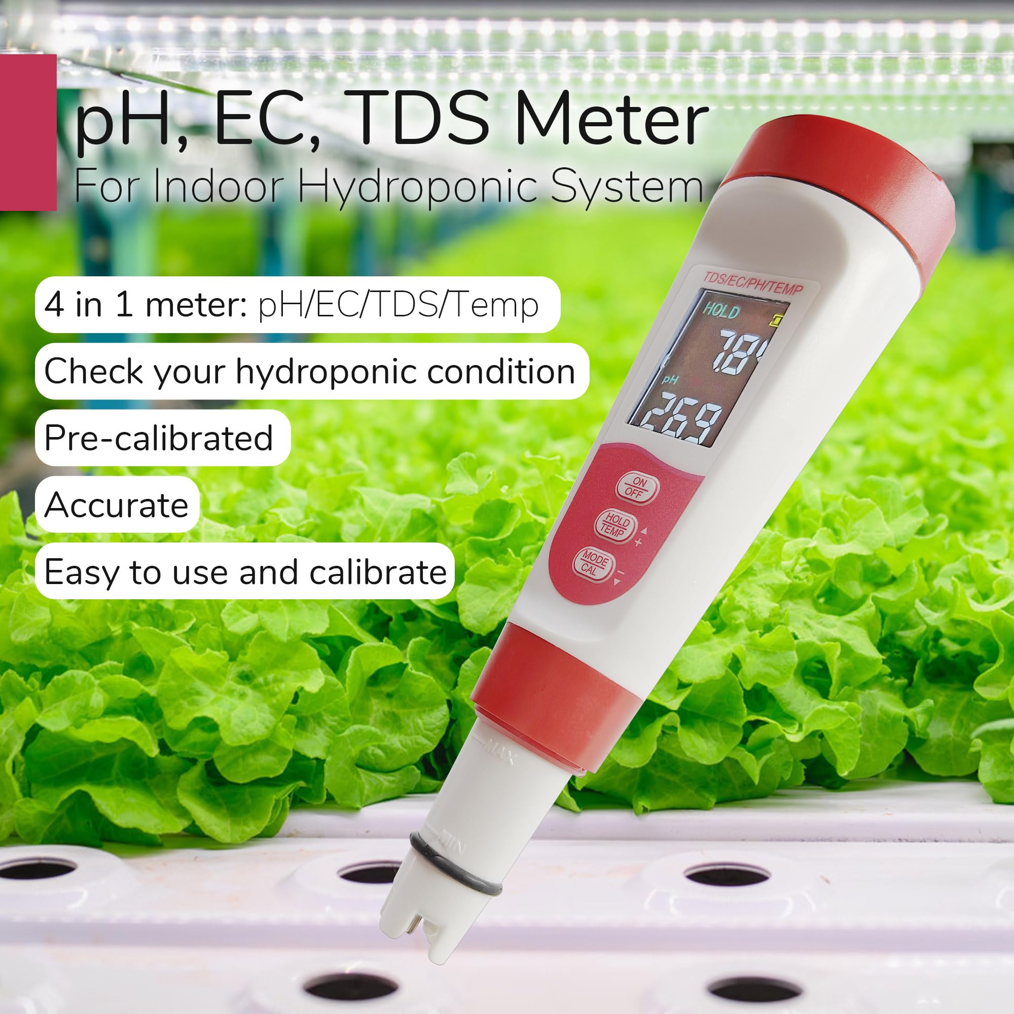 Miernik pH 4 w 1 TDS EC do systemu uprawy hydroponiki, cyfrowy tester pH wody do hydroponicznych składników odżywczych do żywności, konfiguracji DWC i ogrodu wewnętrznego, kompatybilny z