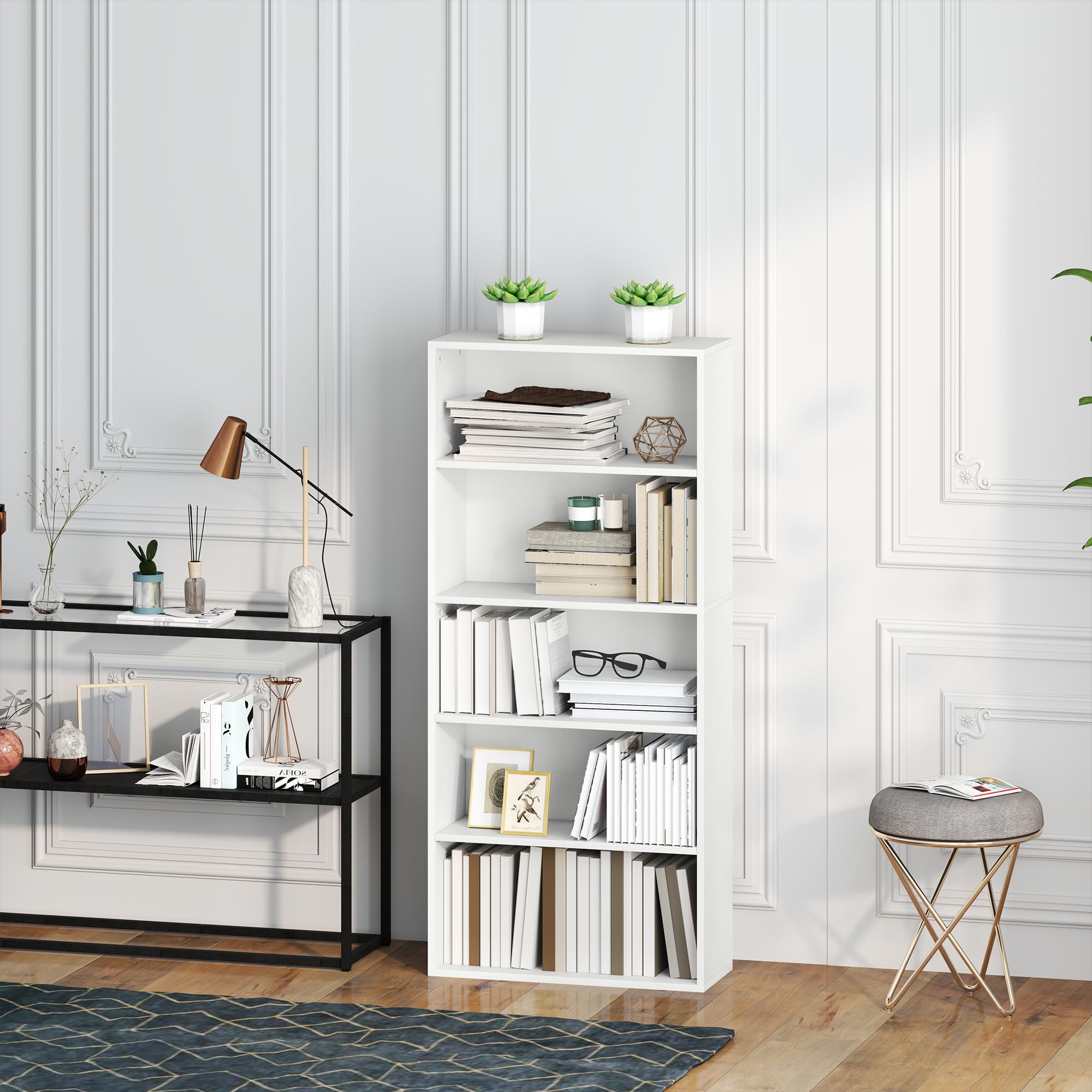 HOMCOM Mobile Libreria a 5 Ripiani con 3 Scaffali Regolabili, Libreria Scaffale Moderna in Legno, 60x24x133.5 cm, Bianco