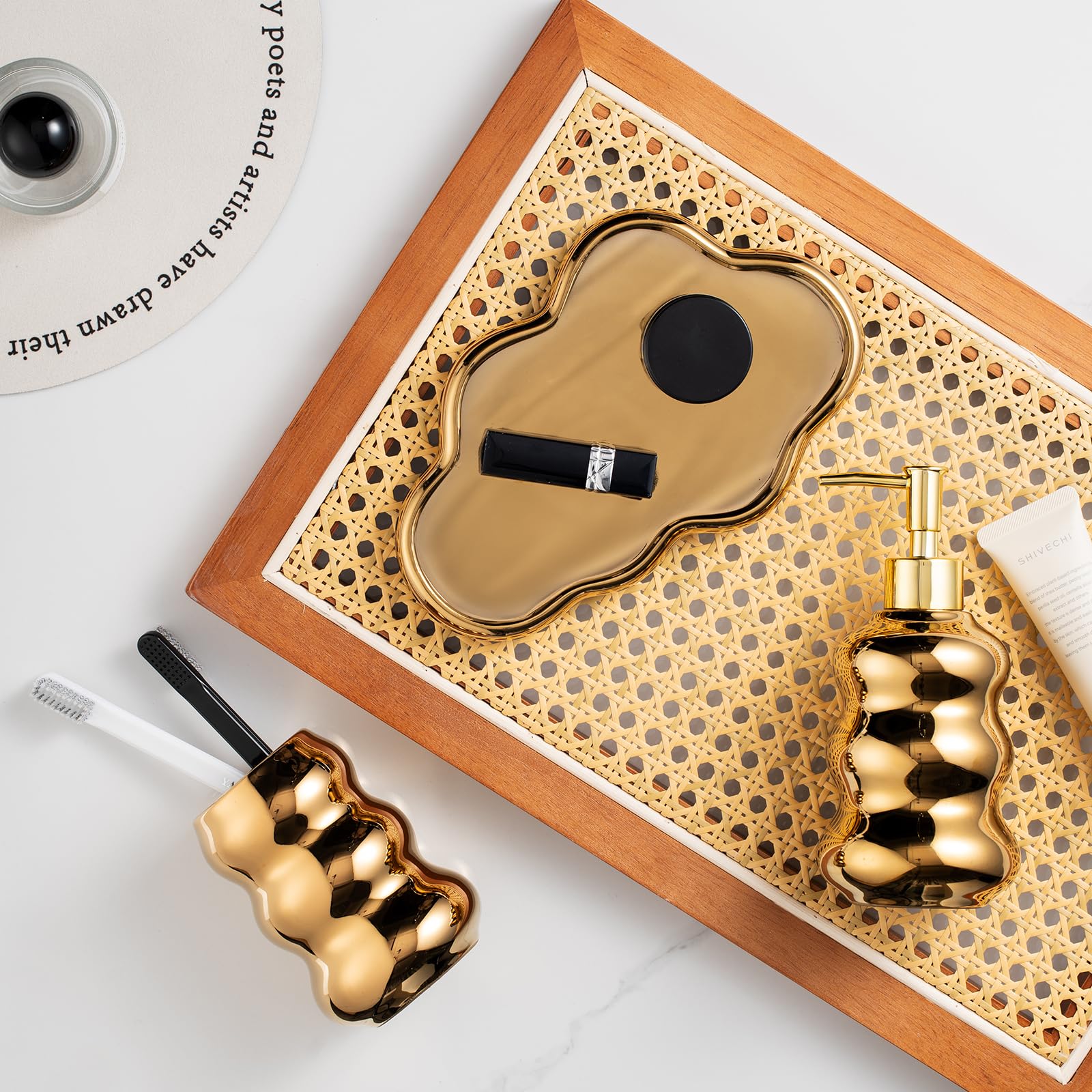 Bathroom Accessory Set, 3-Piece Ceramic Bath Accessories Set with Tray, Lotion Dispenser, and Tumbler