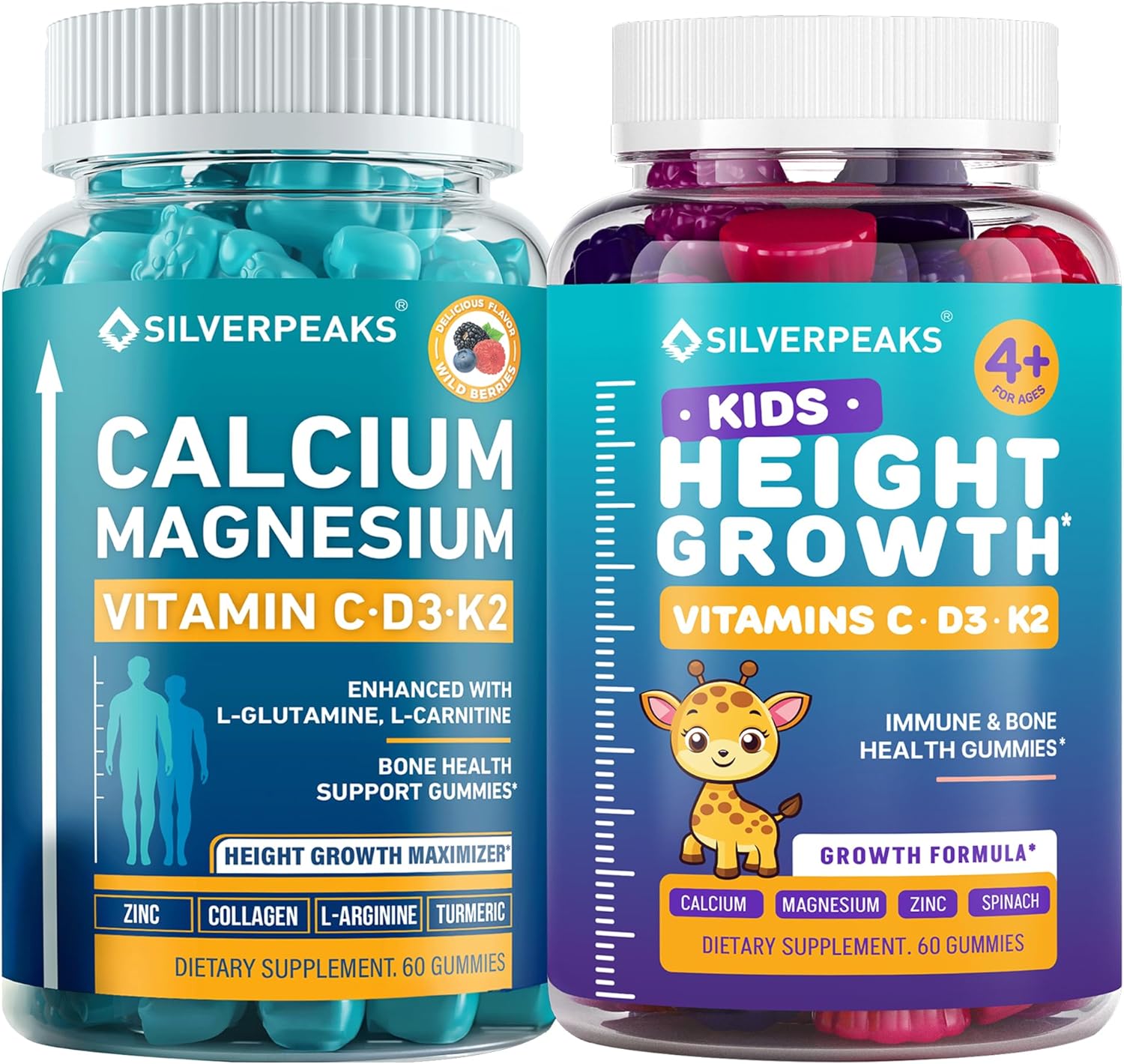 Calcium Magnesium Gummies & Height Growth Gummies for Kids in a Bundle - Calcium, Magnesium, Vitamin D3, K2, C, Zinc & Collagen – Complete Multivitamin for Strong Bones & Growth – 120 Gummies