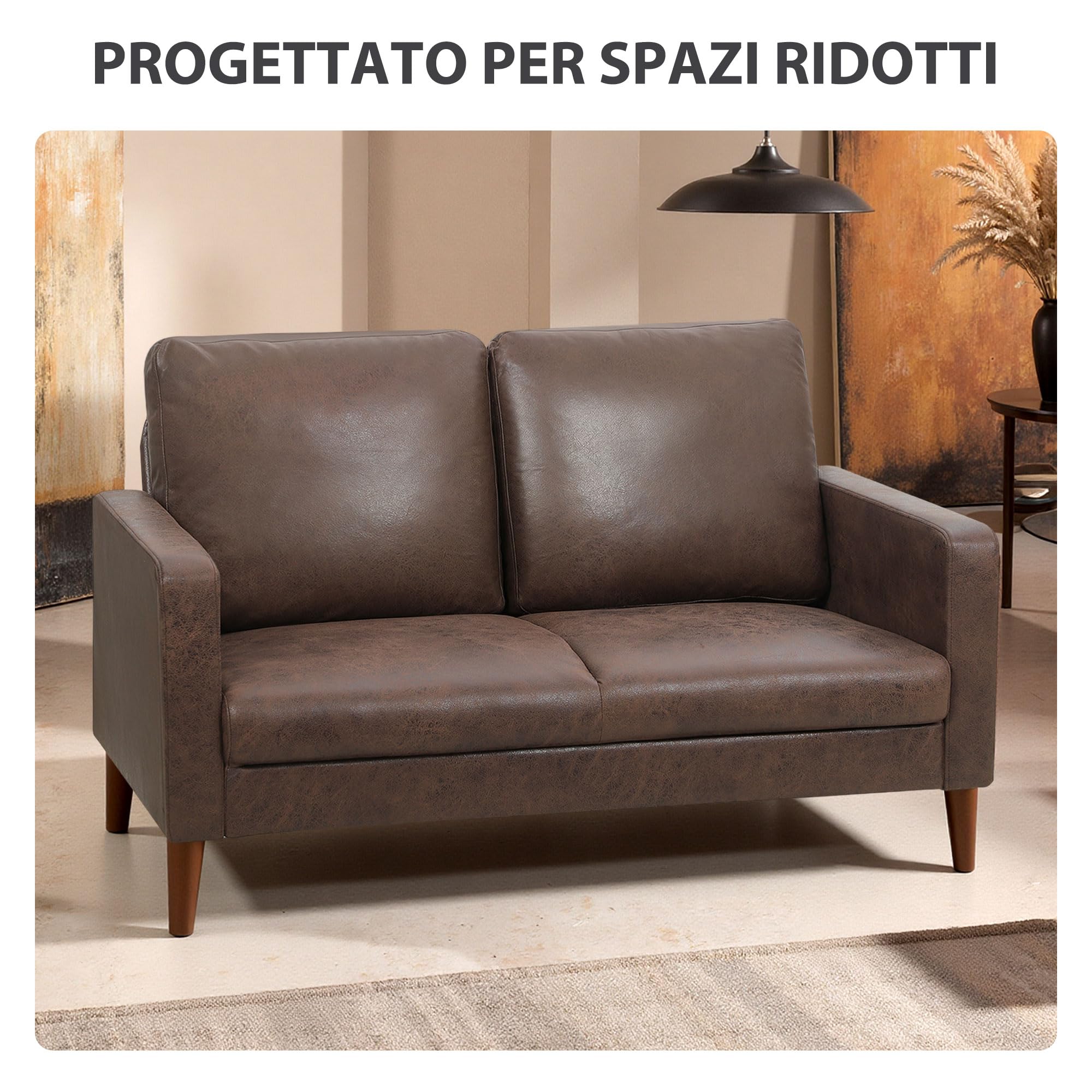 HOMCOM Divano 2 Posti Imbottito in Tessuto Effetto Pelle Traspirante con Cuscini e Gambe in Legno di Caucciù, Divanetto Salvaspazio con Braccioli per Soggiorno, Salotto, 130x78x85 cm, Marrone Scuro