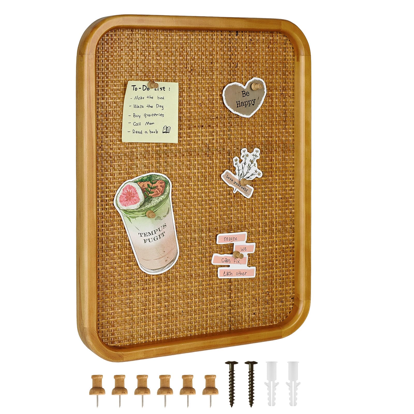 13" x 17" Bulletin Board, Round-Edged Rectangle Cork Board，Wooden Frame with Boho Style Rattan Wall Organizer,3343Teng-image-28