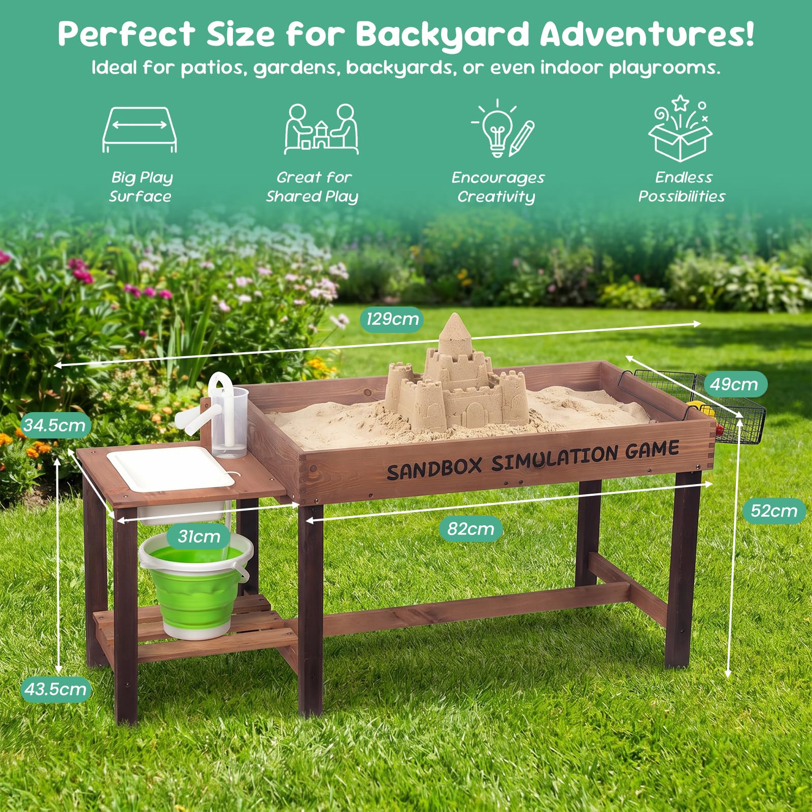 WOODENFUN Cuisine de boue pour enfants, bac à sable d'extérieur avec accessoires décoratifs en bois, évier, seau, pelles à sable, fourchettes, bac à sable pour jardin, jouets de plage, table de jeux