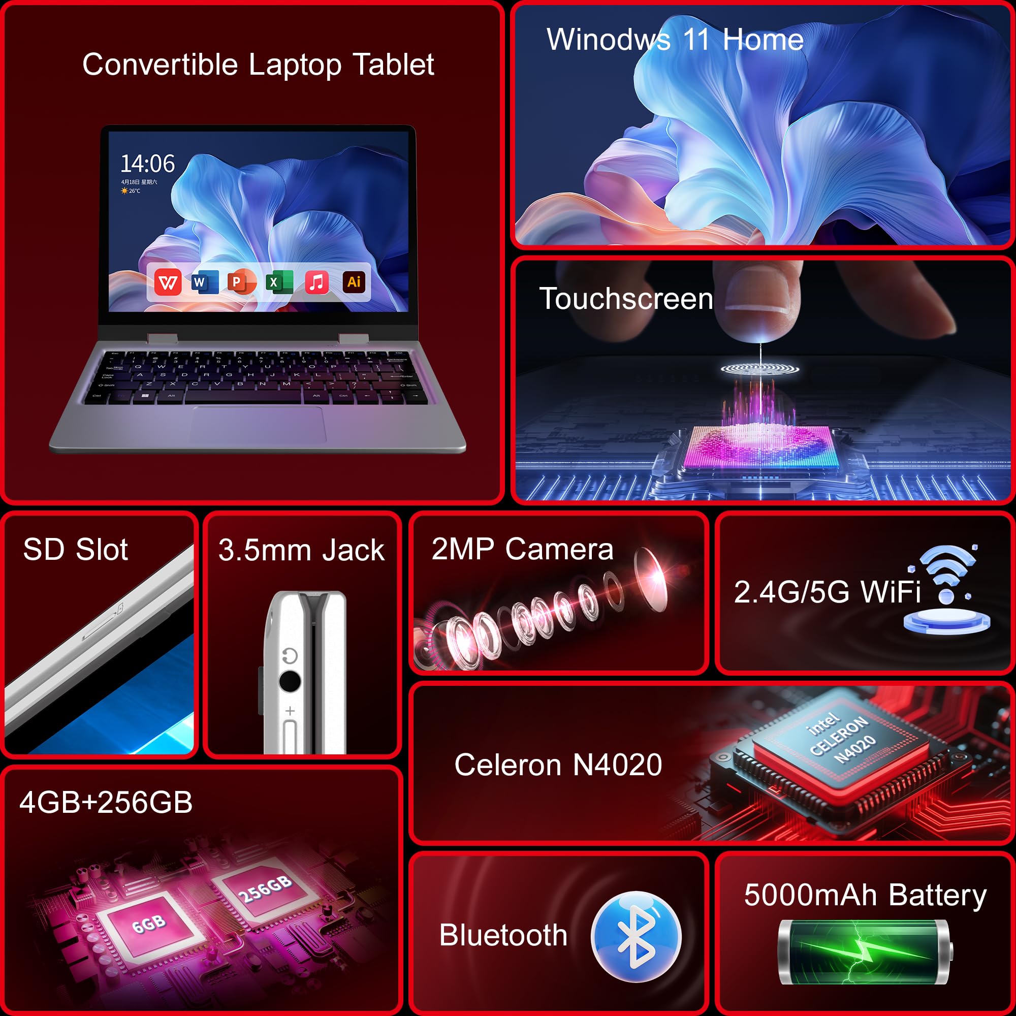 Ordinateur Portable Tactile 12 Pouces pc Hybride 2 en 1 Tactile pc Portable Windows 11 Ordinateur Tablette 256 Go SSD 4 Go RAM Laptop 2 in 1 360°Flip Touch Screen Tablette avec Clavier
