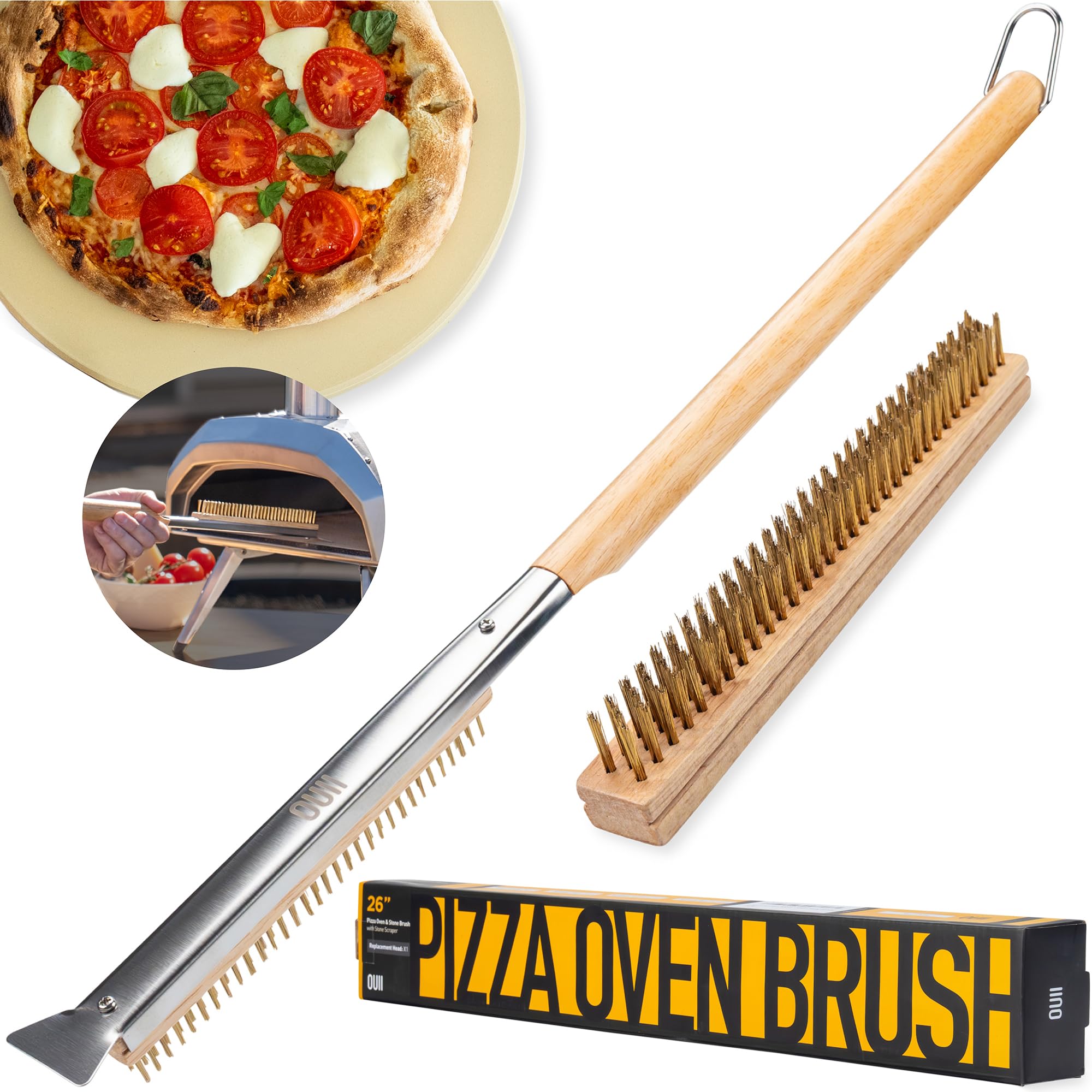 26'' Pizza Oven Brush with Stone Scraper - Includes 2 Brush Heads, Heat-Resistant Gold Stainless Steel Bristles - Long Grip Handle, Compatible with Ooni, Gozney, Blackstone, Solo Stove Ovens