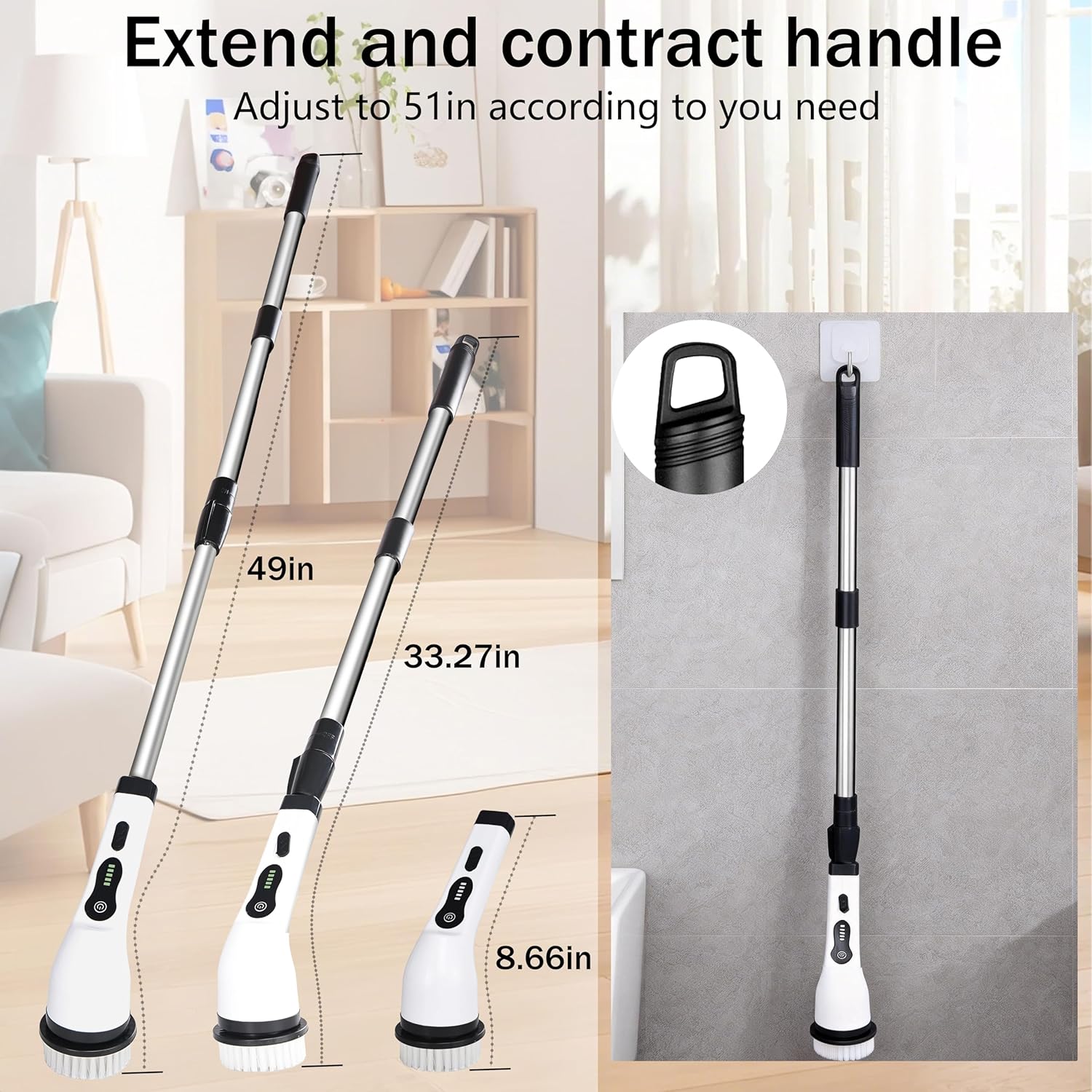 Electric Spin Scrubber Cordless Power Cleaning Brush with 8 Brush Heads Extendable Handle 3 Adjustable Size 2 Speeds IPX7 Waterproof Bathroom and Kitchen