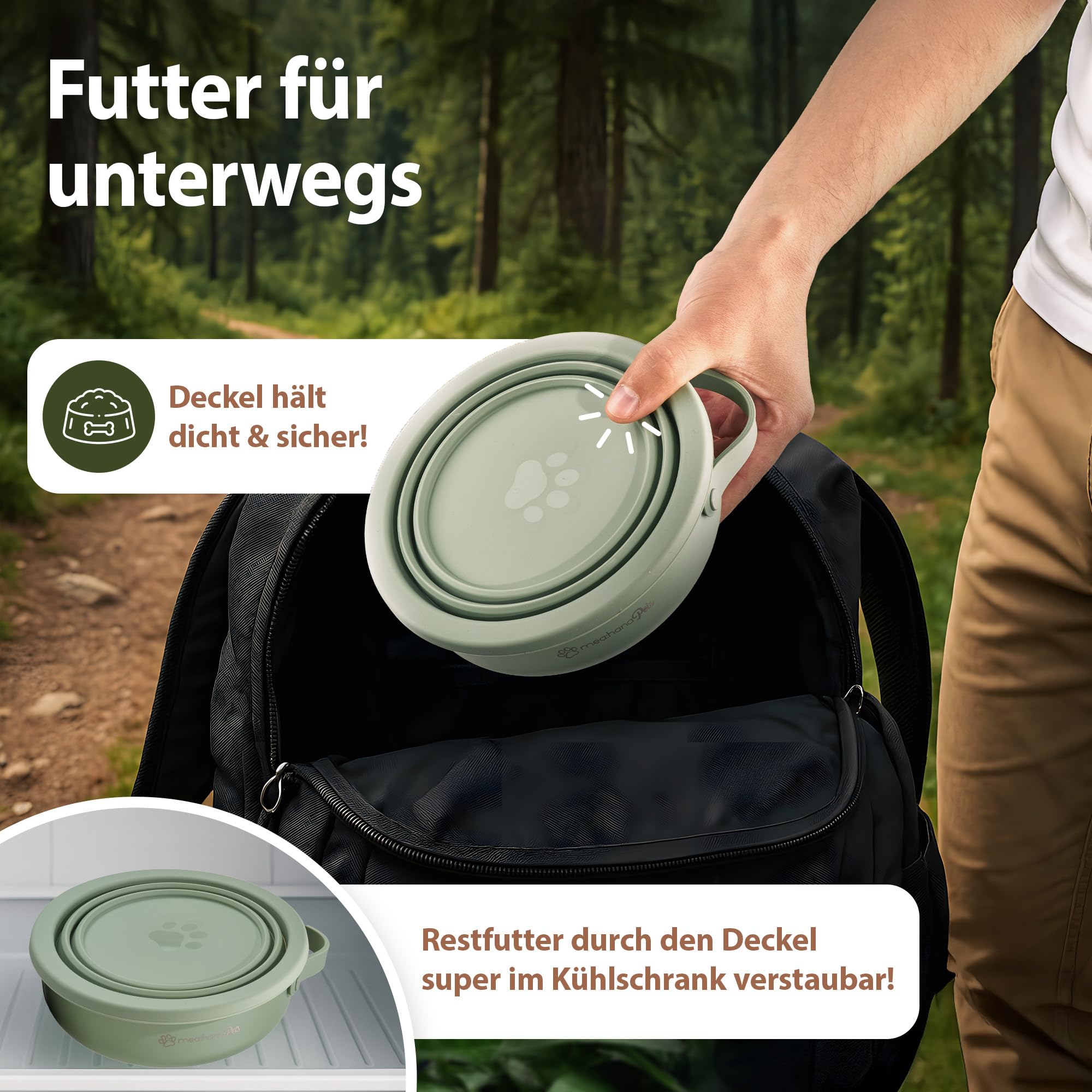 Pets Futternapf für unterwegs 900ml mit Deckel -Ideal für Reisen,Outdoor- Edelstahl Futternapf mit faltbarem Silikondeckel als Zweitnapf, Hundezubehör - robust, kompakt, hygienisch