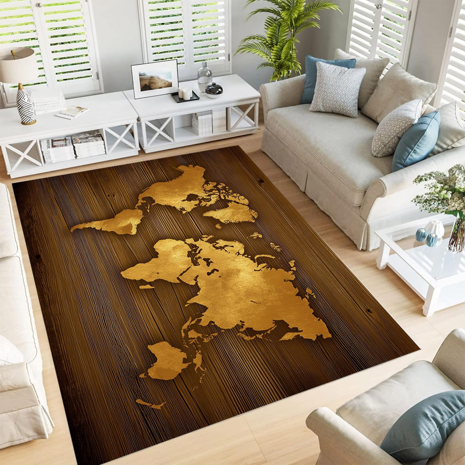 Grand tapis carte du monde lavable en machine 240x300cm marron