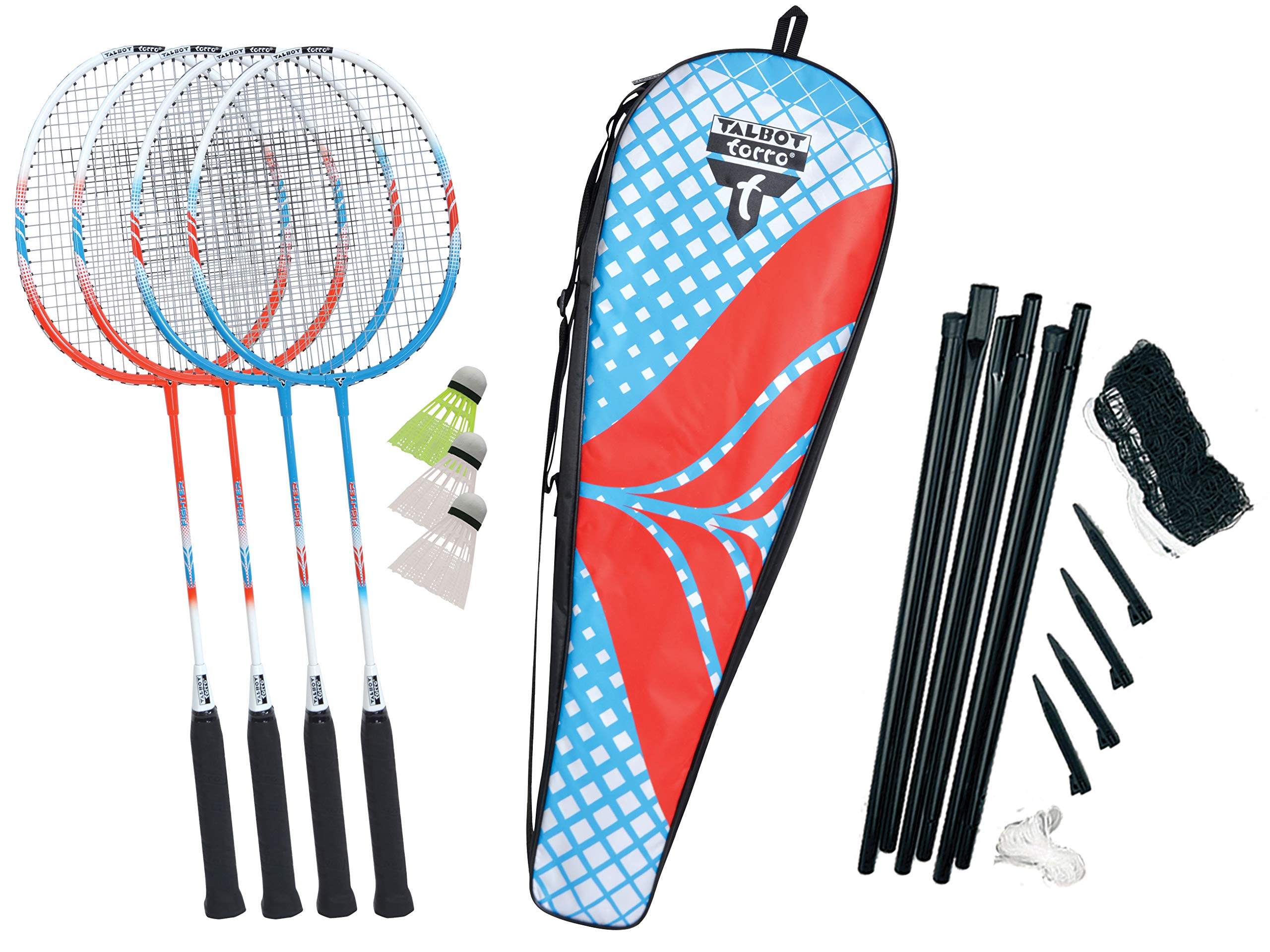 Talbot Torro Premium Badminton-Set 4-Fighter, hochwertiges Komplettset mit 4 Alu-Schläger leicht und handlich, 3 Federbälle, komplette Netzgarnitur, in wertiger Tasche