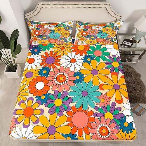 Miniatura 7 de Erosebridal Juego de sábanas retro de los años 60 y 70, diseño de hongos de dibujos animados, tamaño individual, juego de ropa de cama floral Funky