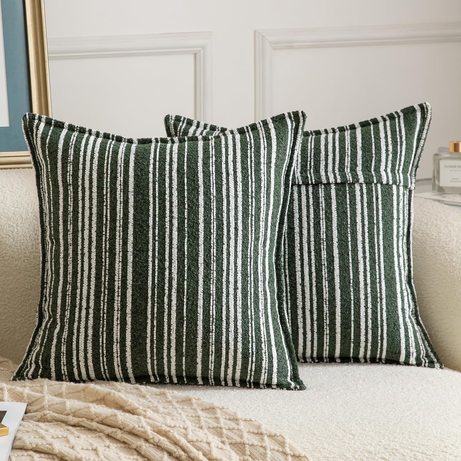 Madizz Decorative Boucle Olive Green Cushion Covers 60x60 cm Pack of 2 Throw Pillows for Couch Sofa Boho Accent Striped Pillow Cases for Bed Cushion for Bedroom Living Room Modern Home Decor โ image 1